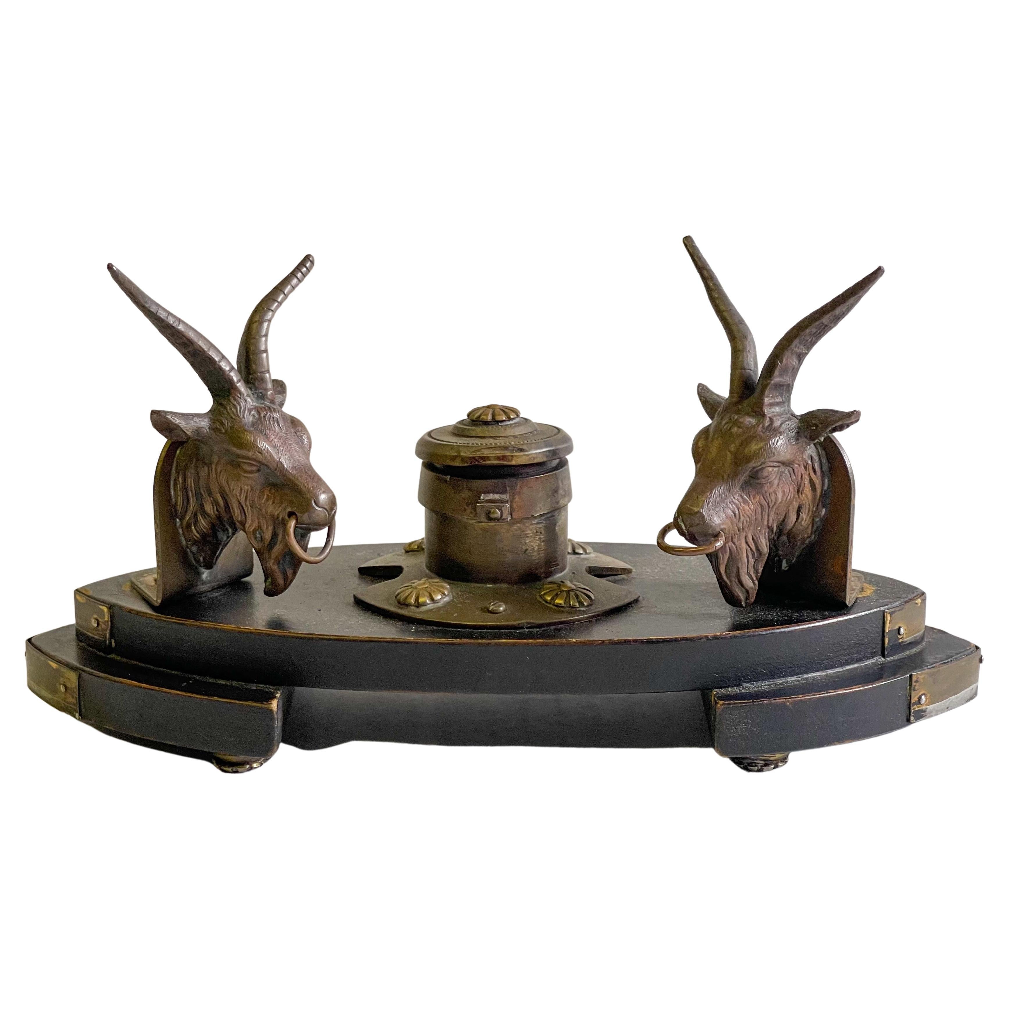 19th-C. French Neo-Classical Style Gilt Bronze Ram Form Inkwell For Sale