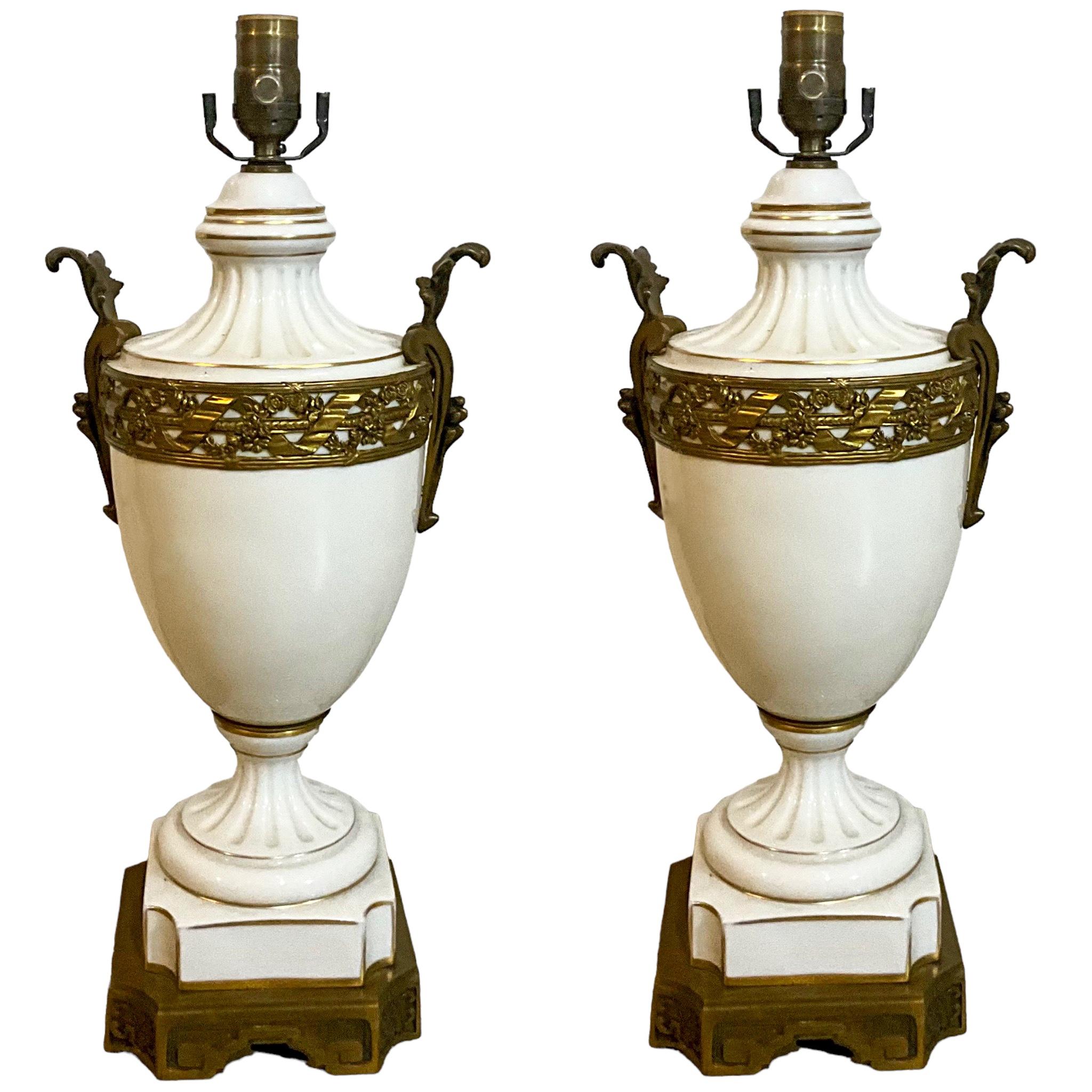 19th-C. French Neo-Classical Style Porcelain & Gilt Bronze Table Lamps - Pair For Sale 1