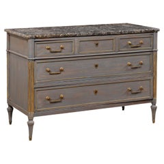 19th C. French Neoclassic Commode w/Original Marble Top & Brass Trim/Hardware