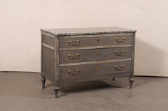 19th C. French Neoclassic Marble Top Commode w/Brass Hardware, Grey