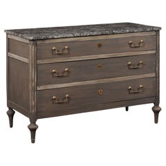 19th C. French Neoclassic Marble Top Commode w/Brass Hardware, Grey 