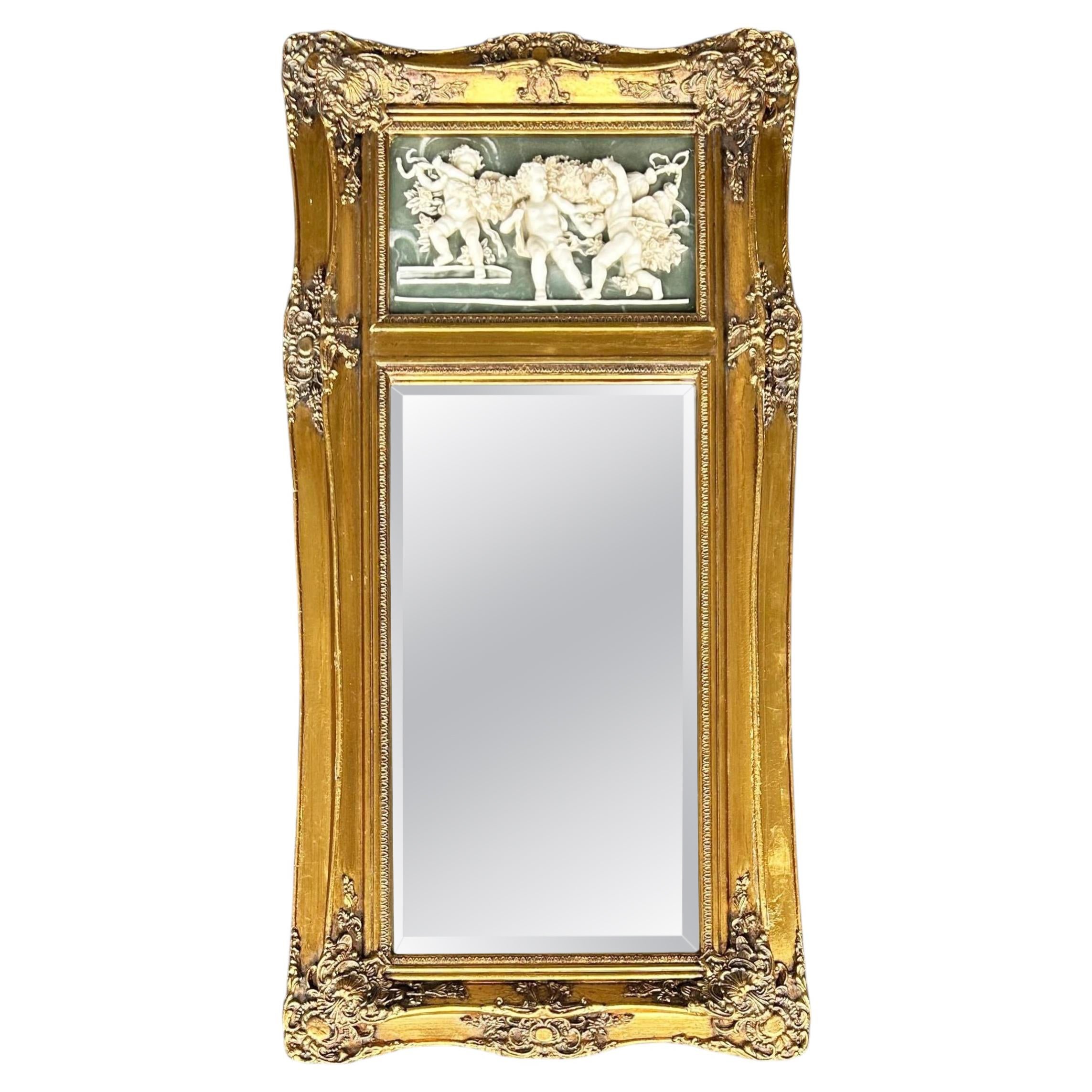 19th-C. French Neoclassical Beveled Trumeau Mirror, Cherub Bas-Relief Panel For Sale