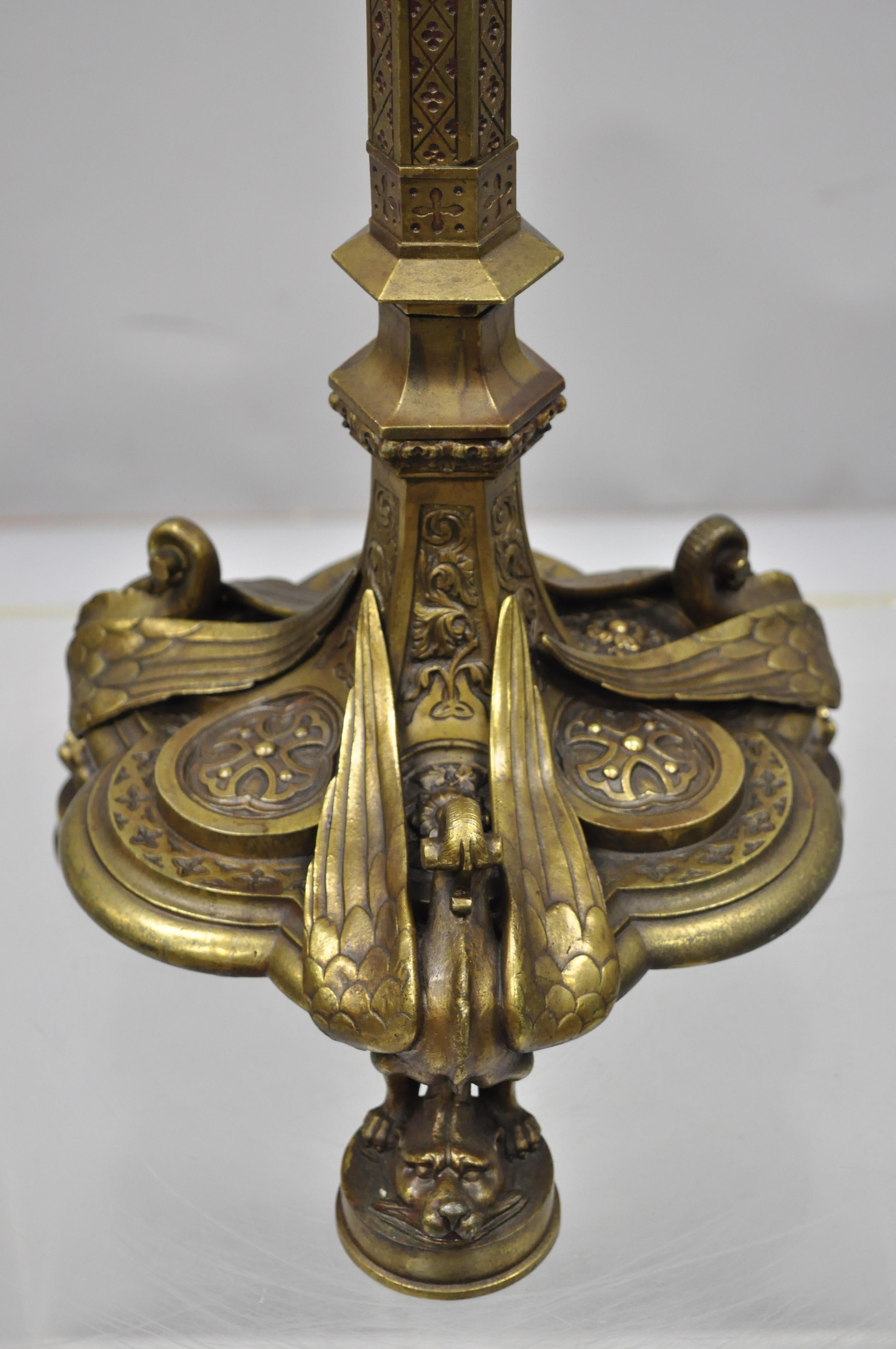 19th Century French Neoclassical Bronze Winged Griffin Candlestick Table Lamp 3