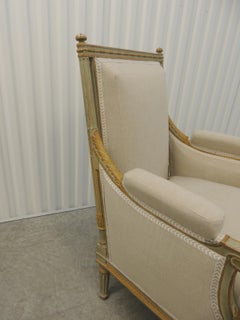 French Neoclassical Carved Arm Chair Upholstered in Natural Grain Sack Linen