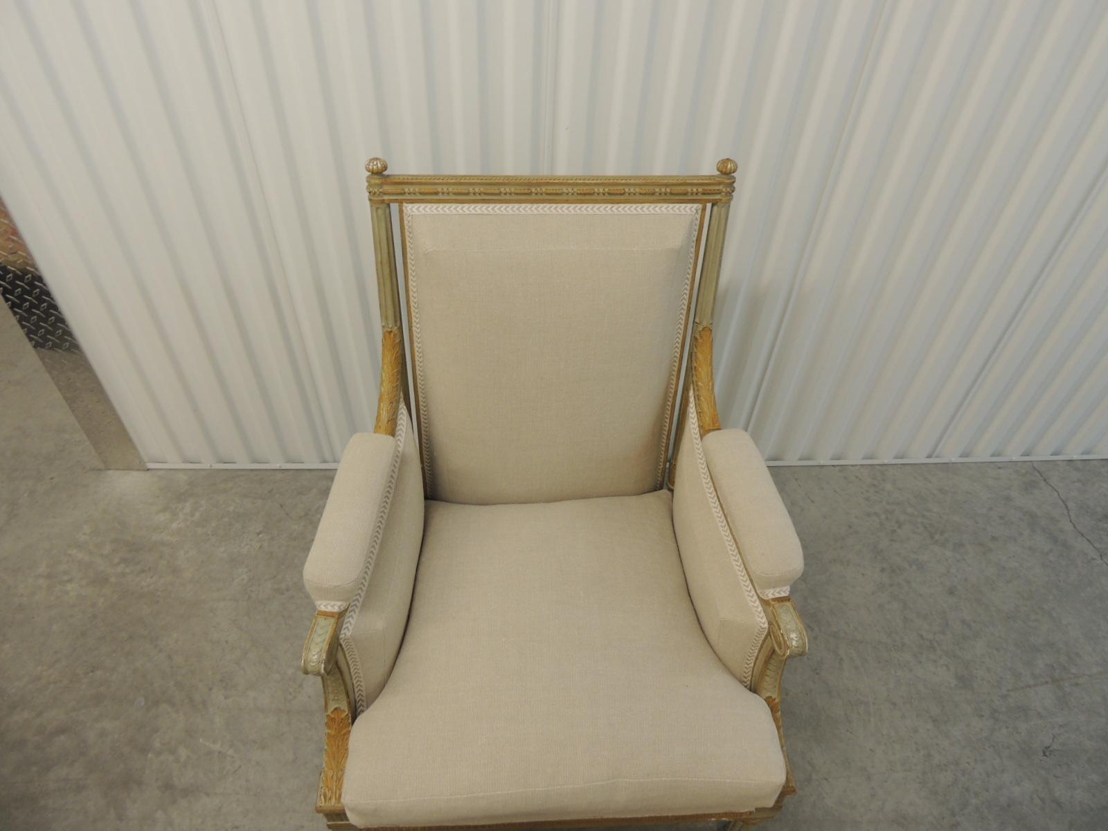 Louis XVI French Neoclassical Carved Arm Chair Upholstered in Natural Grain Sack Linen 