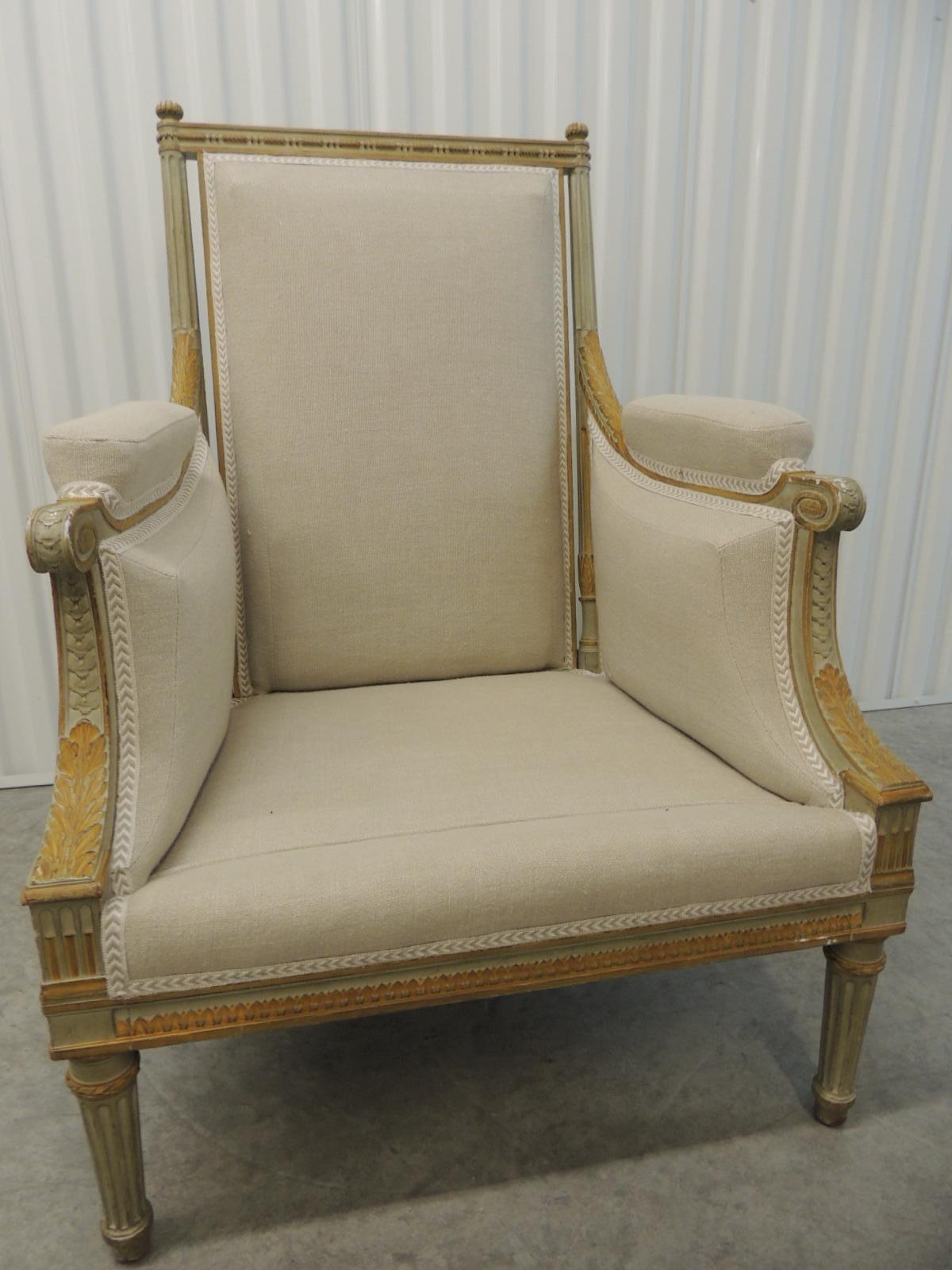 19th Century French Neoclassical Carved Arm Chair Upholstered in Natural Grain Sack Linen 