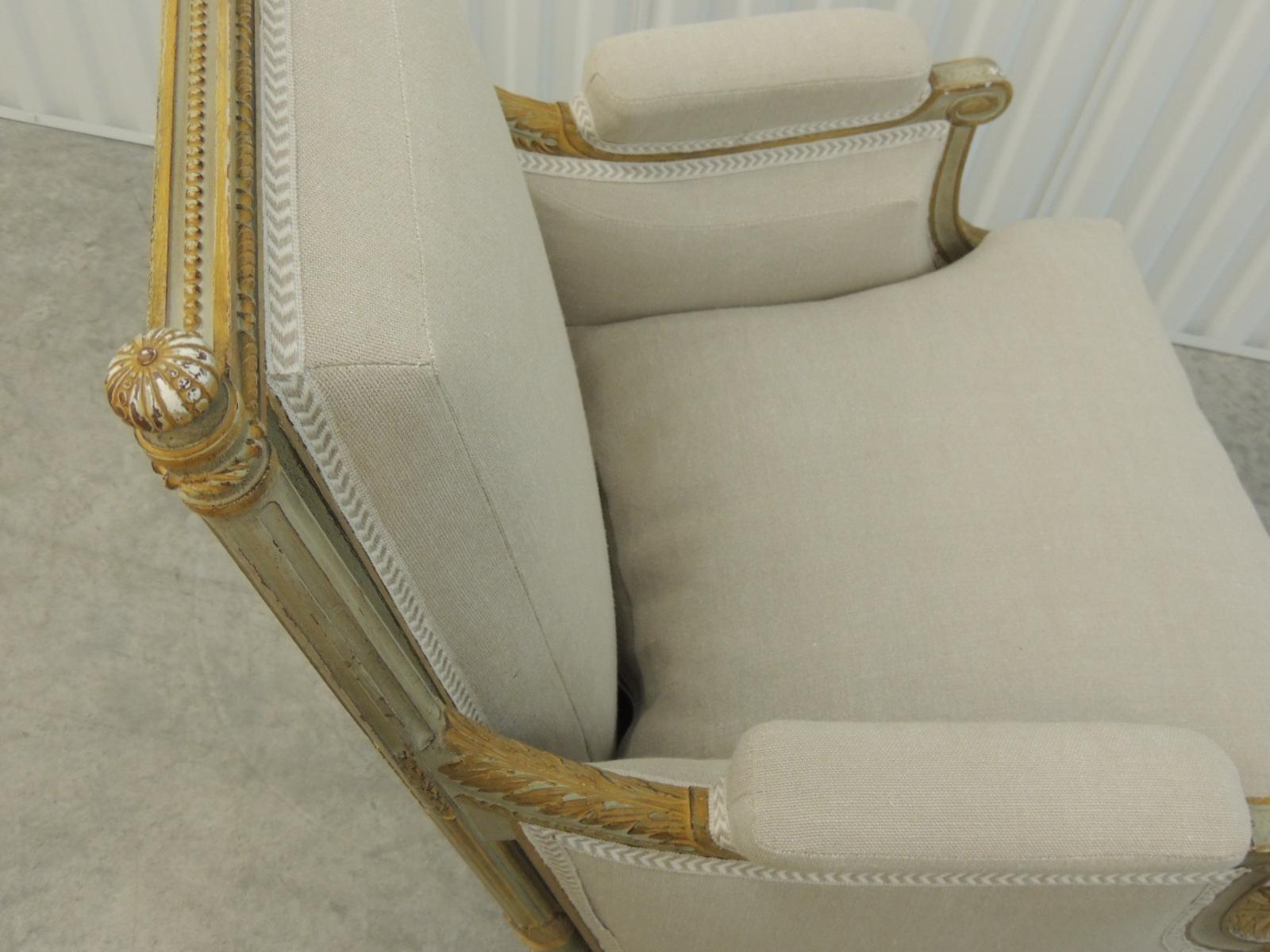 Cotton French Neoclassical Carved Arm Chair Upholstered in Natural Grain Sack Linen 