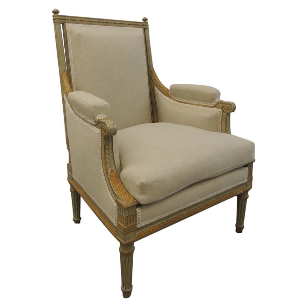 French Neoclassical Carved Arm Chair Upholstered in Natural Grain Sack Linen 
