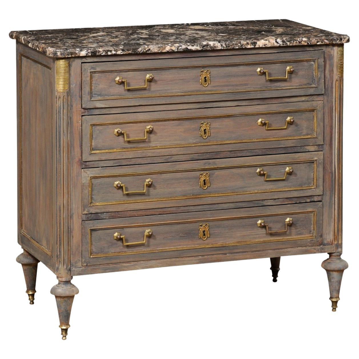 19th C. French Neoclassical Commode w/Marble Top and Brass Trimmings For Sale