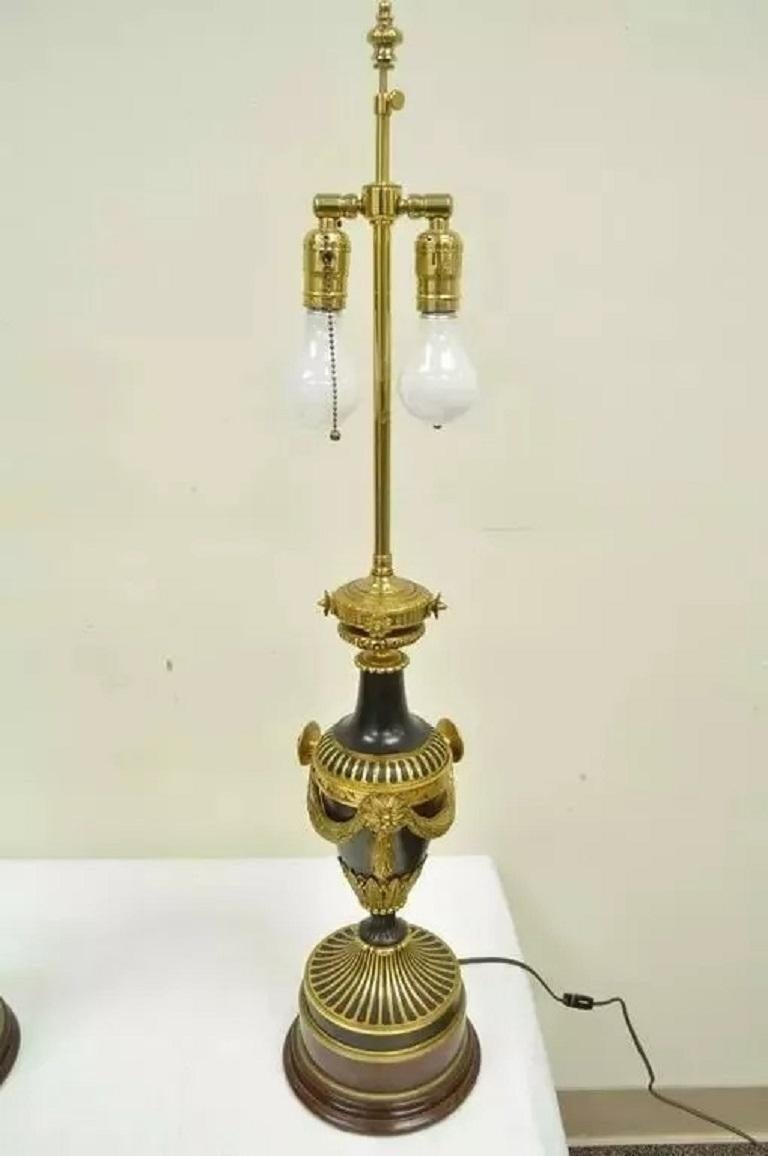 19th C. French Neoclassical Louis XVI Style Bronze Drape Urn Table Lamps - (Pair). Item features patinated bronze urn form bodies with finely cast gold gilt bronze drapes and classical ormolu mounts. The quality of the bronze casting is remarkable
