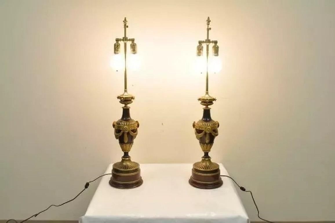 19th C. French Neoclassical Louis XVI Style Bronze Drape Urn Table Lamps - Pair For Sale 3