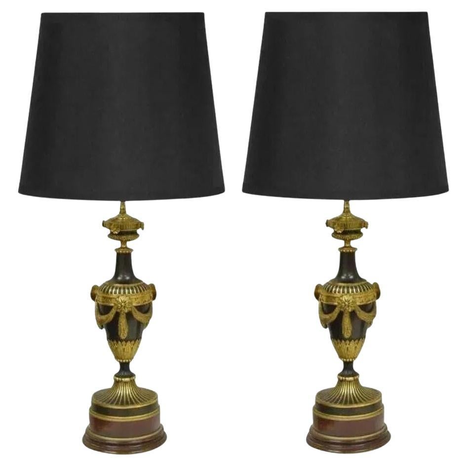 19th C. French Neoclassical Louis XVI Style Bronze Drape Urn Table Lamps - Pair