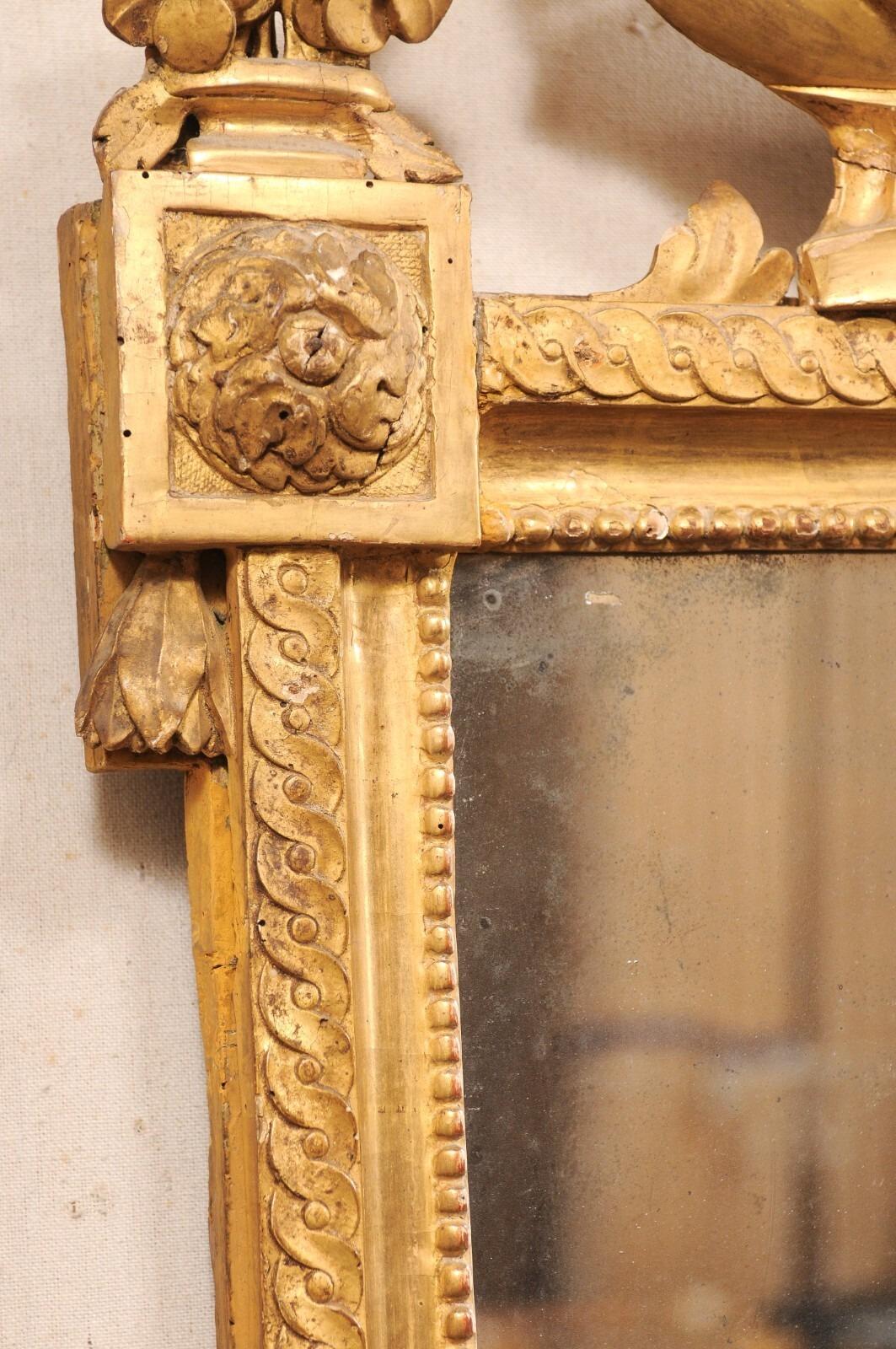 A cute-sized French Neoclassical carved and gilt wood mirror from the 19th century. This antique mirror from France features a richly carved gilt wood surround, in typical Neoclassical style, adorn with a raised urn crest at top center of frame,