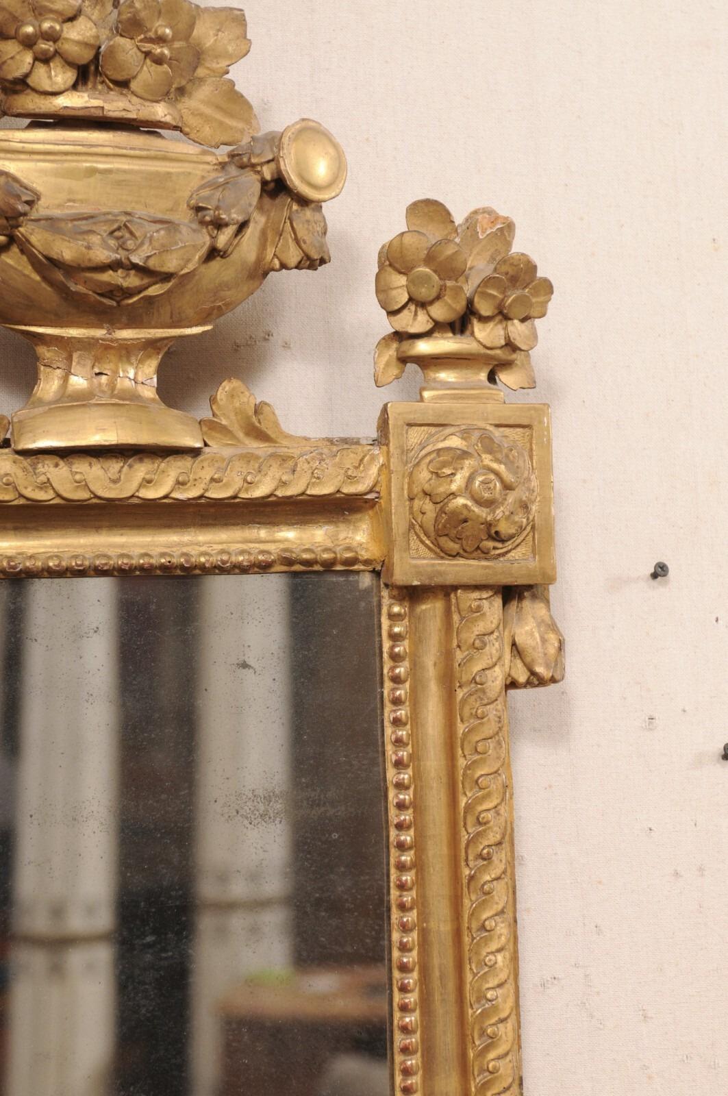 19th C. French Neoclassical Ornately-Carved & Gilt Mirror w/Urn Floral Crest For Sale 1