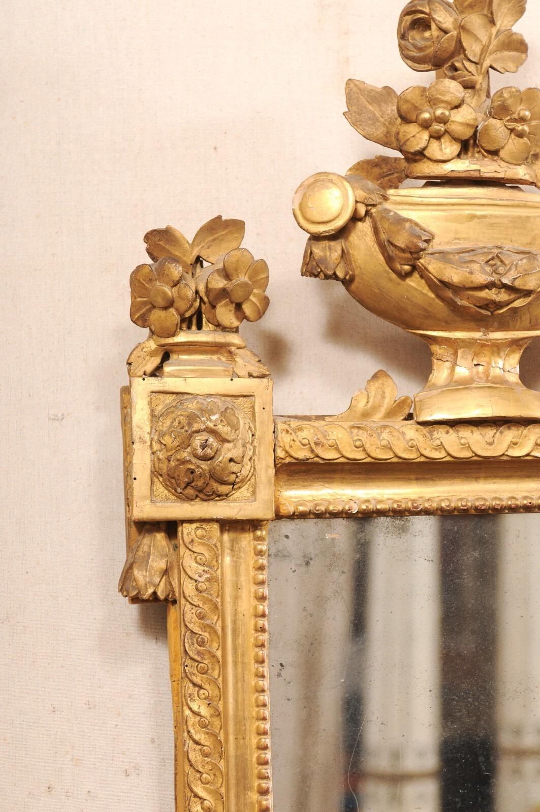 19th C. French Neoclassical Ornately-Carved & Gilt Mirror w/Urn Floral Crest For Sale 3