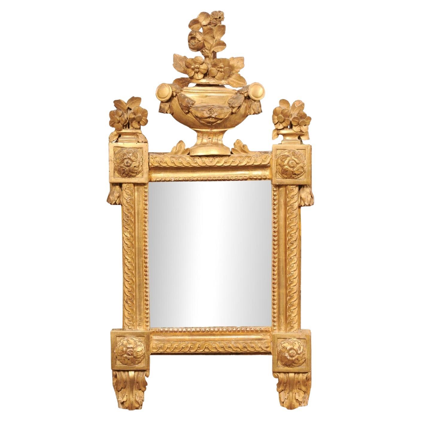 19th C. French Neoclassical Ornately-Carved & Gilt Mirror w/Urn Floral Crest For Sale