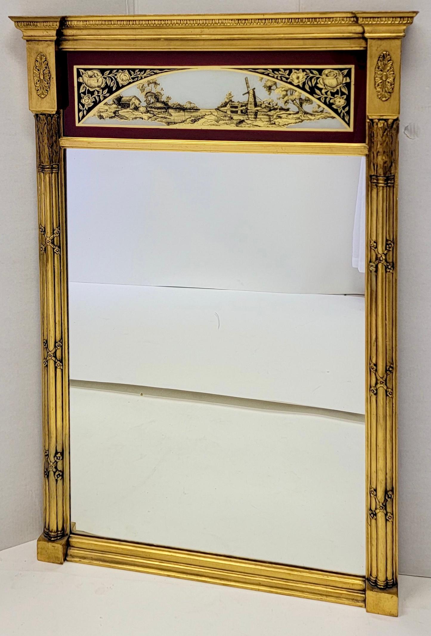 19th C. French Neoclassical Water Gilt Eglomise Trumeau Mirror In Good Condition For Sale In Kennesaw, GA