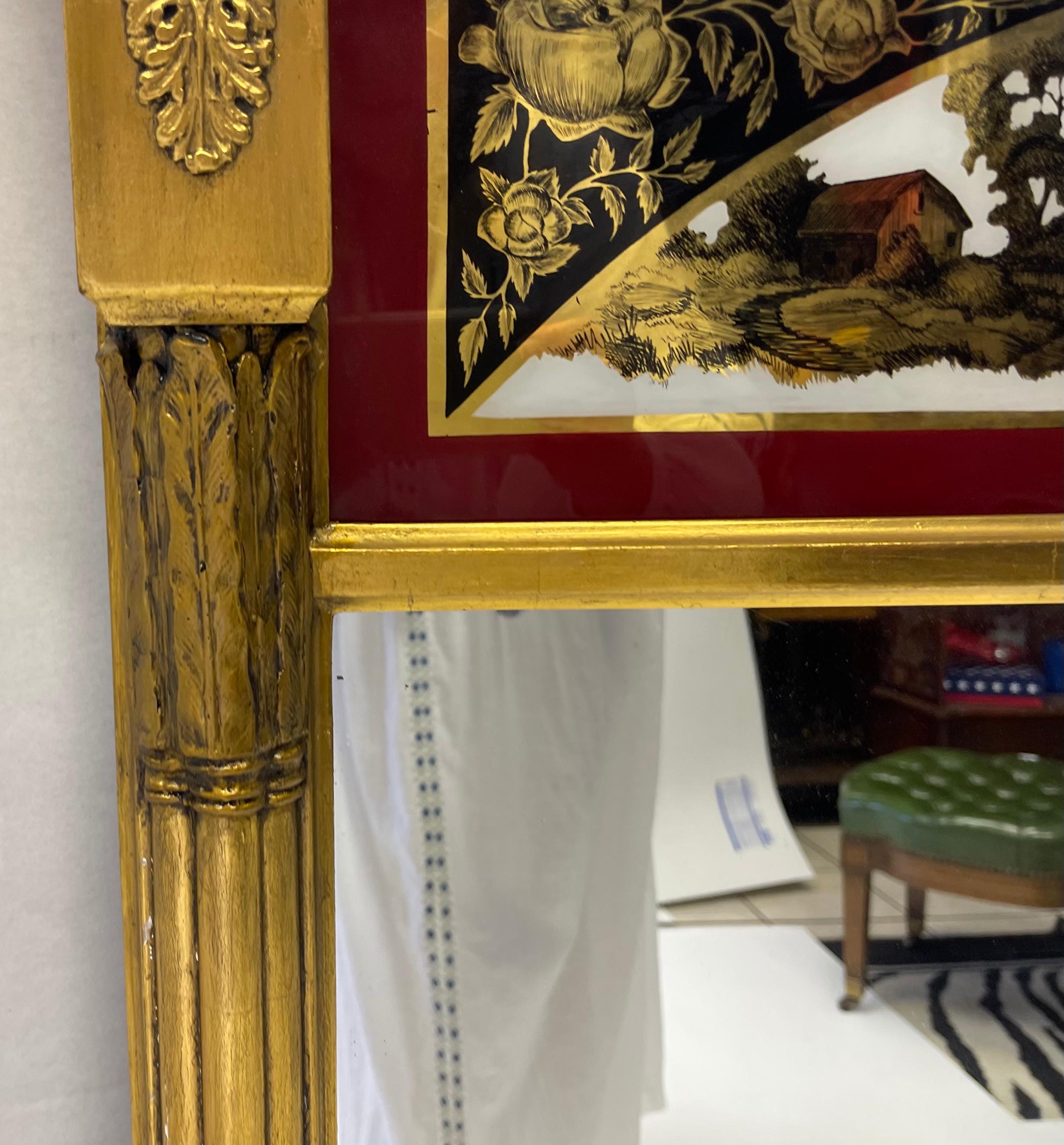 Miroir Trumeau néoclassique français du 19e siècle en églomisé doré à l'eau Bon état - En vente à Kennesaw, GA
