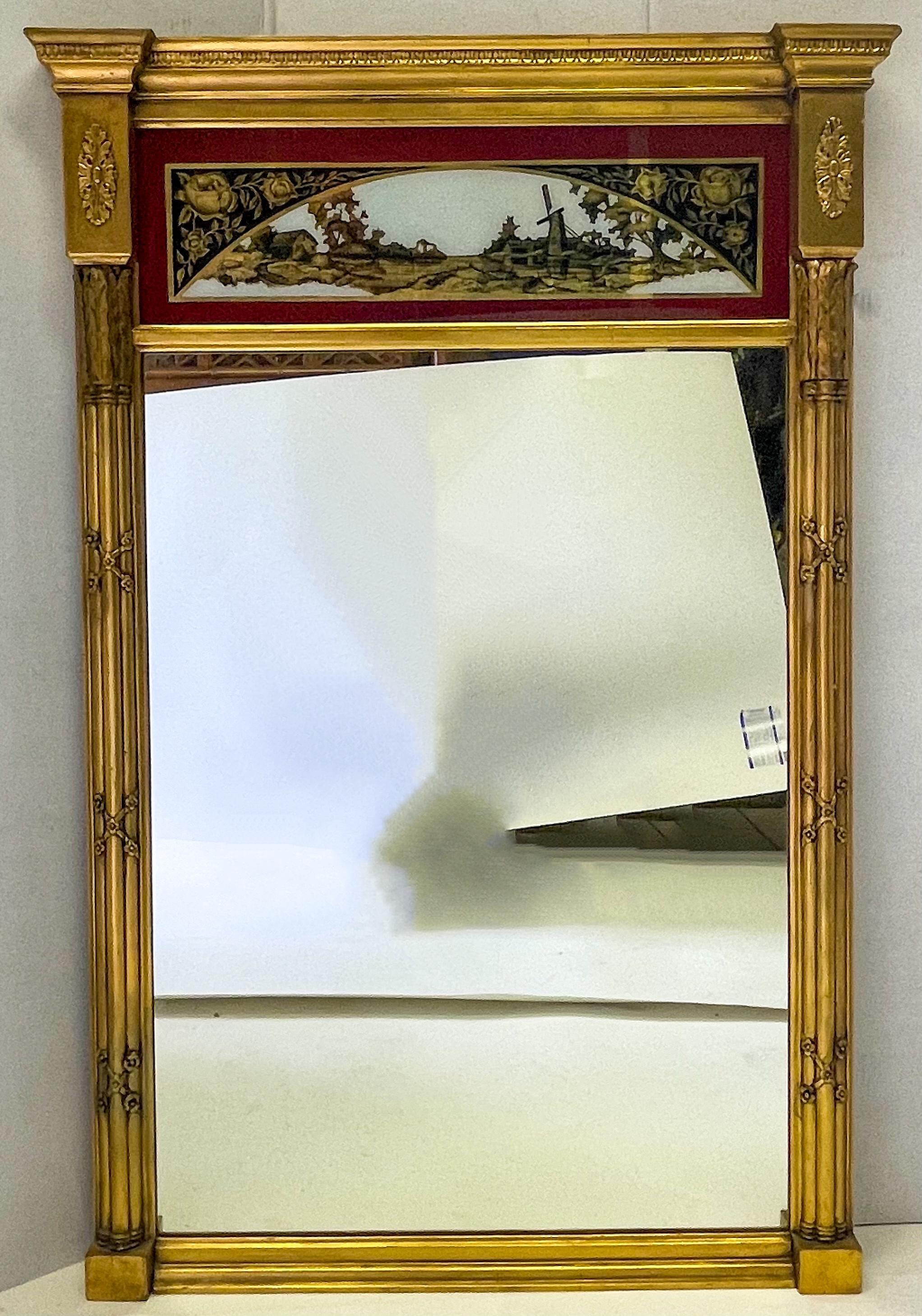Verre Miroir Trumeau néoclassique français du 19e siècle en églomisé doré à l'eau en vente