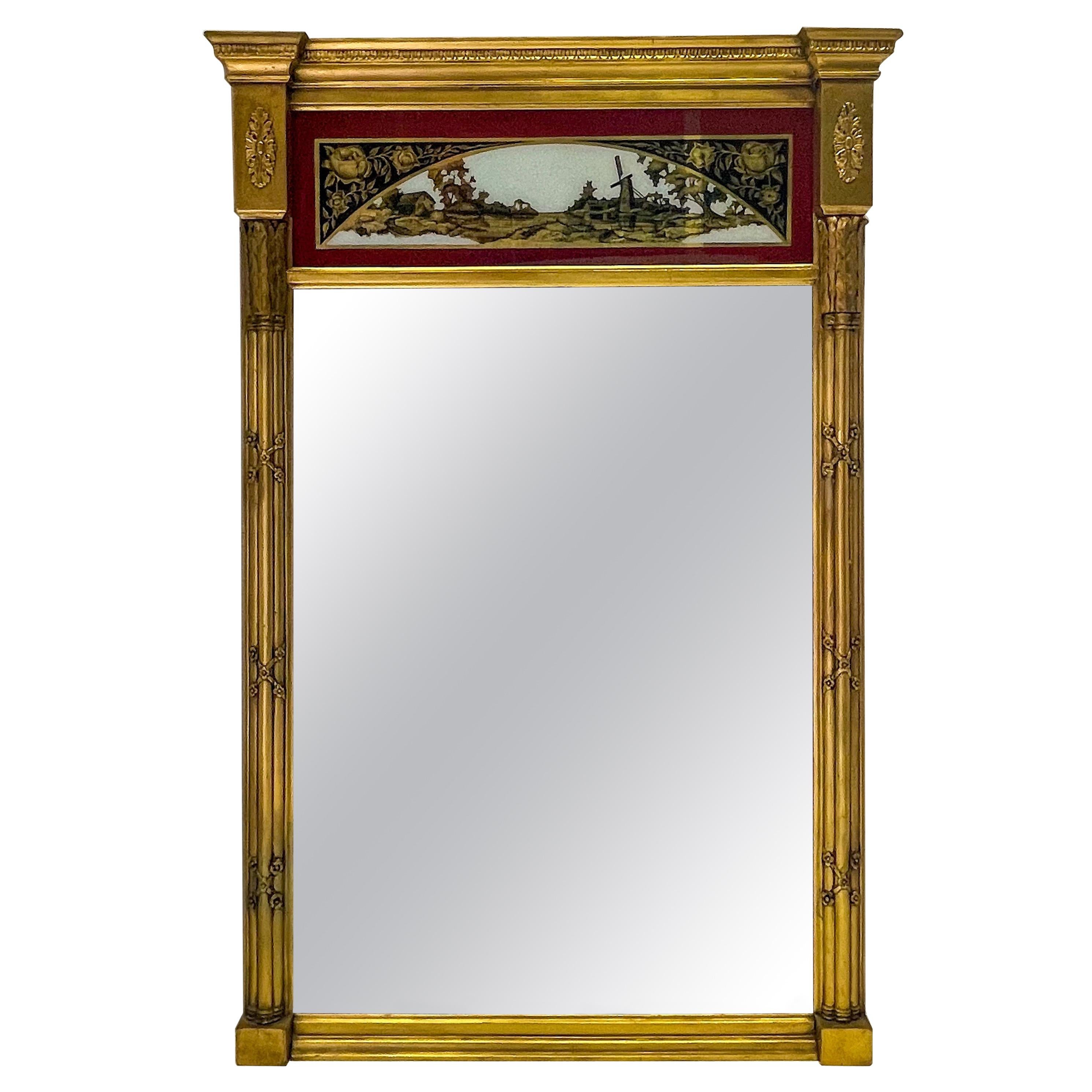 19th C. French Neoclassical Water Gilt Eglomise Trumeau Mirror For Sale