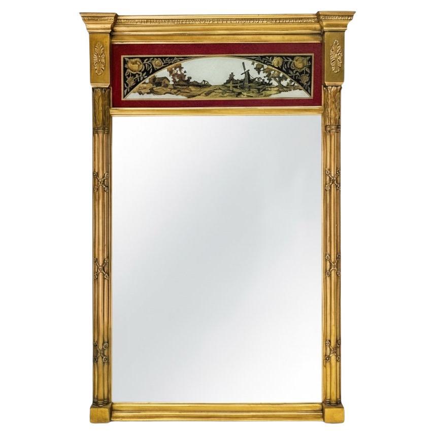 Miroir Trumeau néoclassique français du 19e siècle en églomisé doré à l'eau en vente