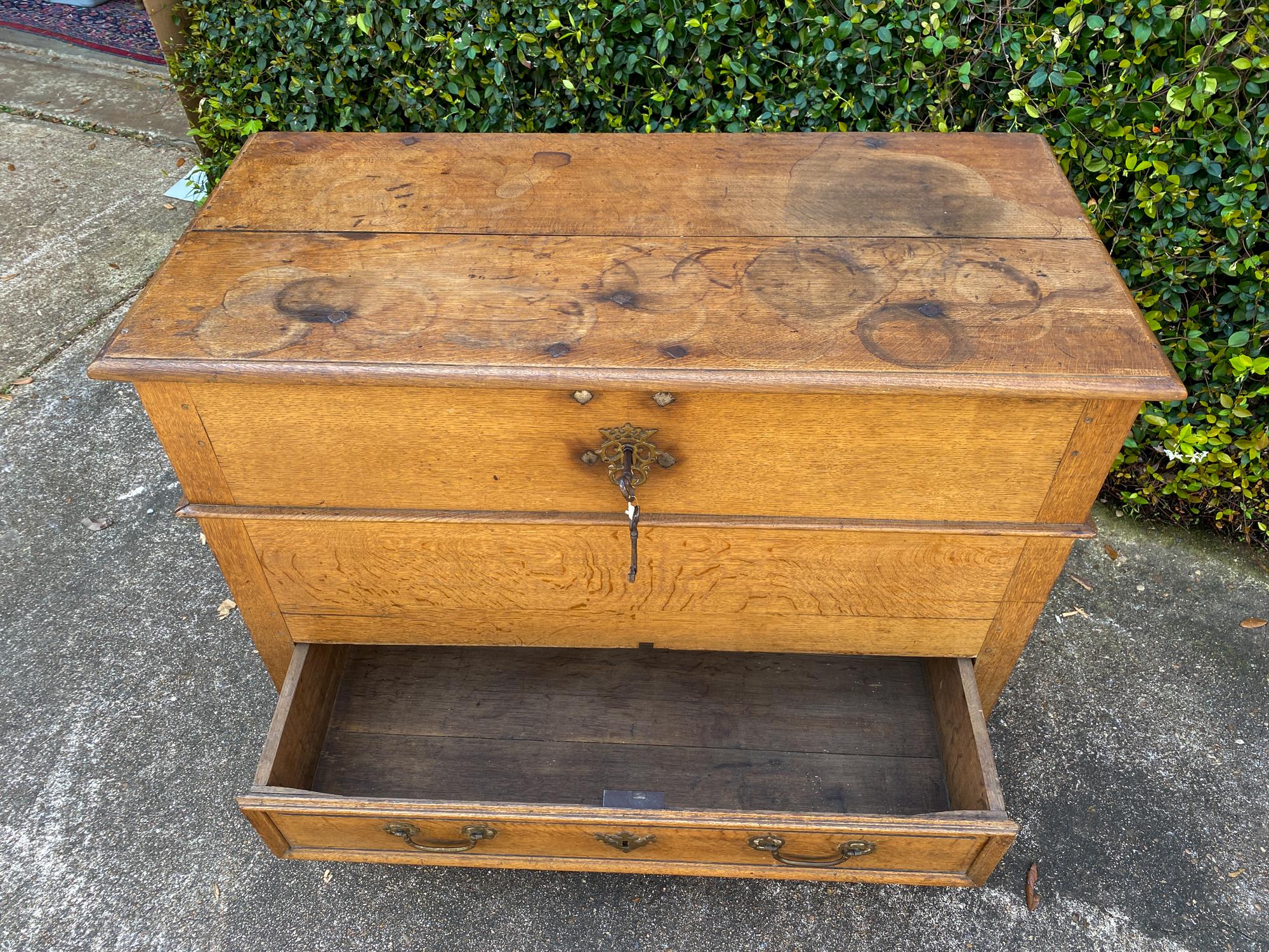 19th Century French Oak Chest with Hinged Top and Lower Drawer with Keys 15
