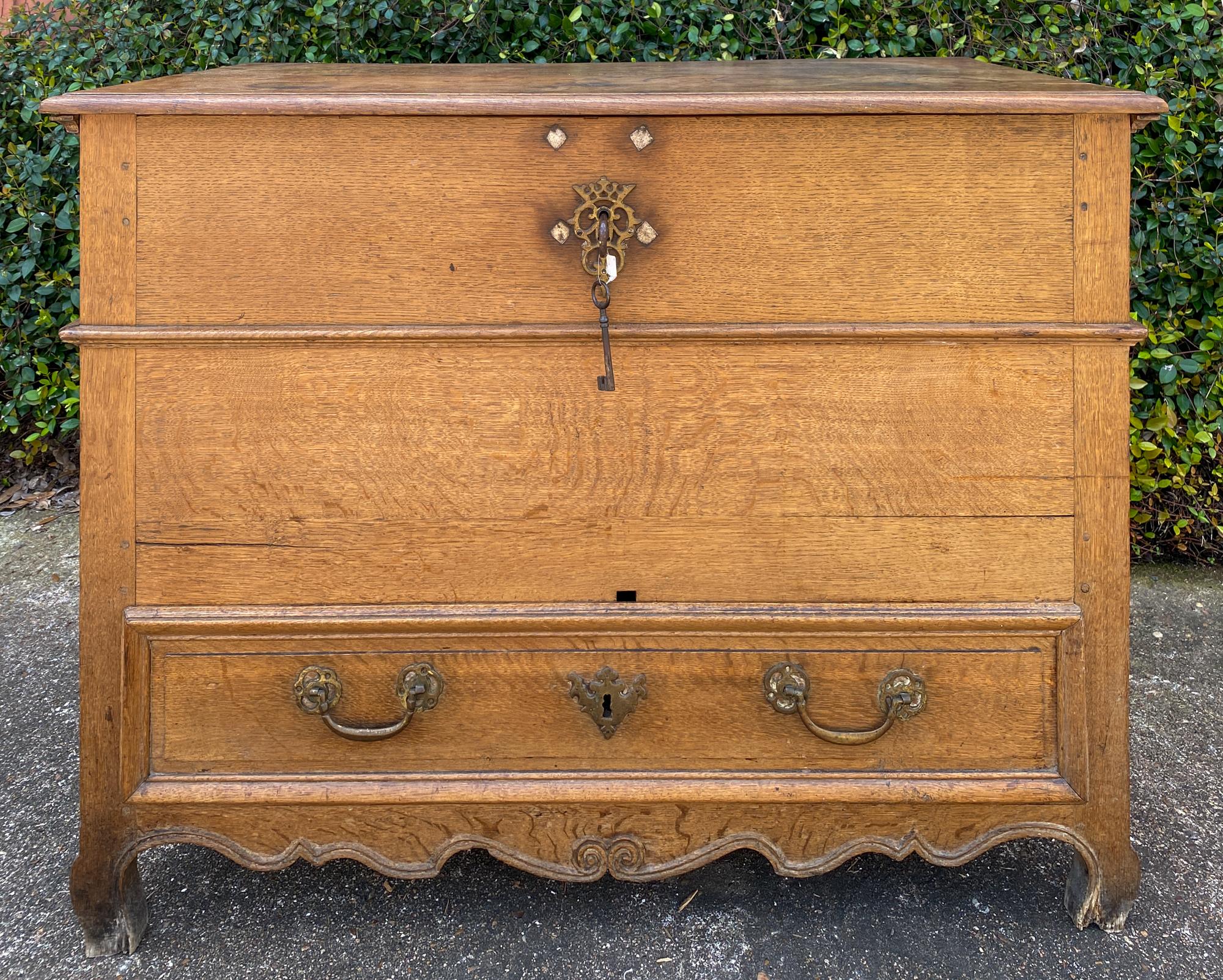 19th Century French Oak Chest with Hinged Top and Lower Drawer with Keys In Good Condition In Houston, TX