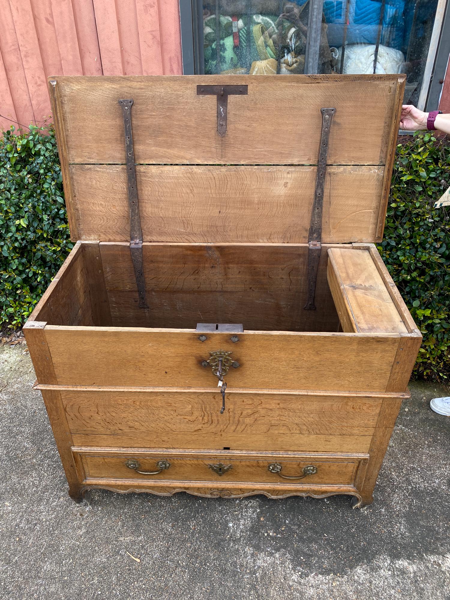 Iron 19th Century French Oak Chest with Hinged Top and Lower Drawer with Keys
