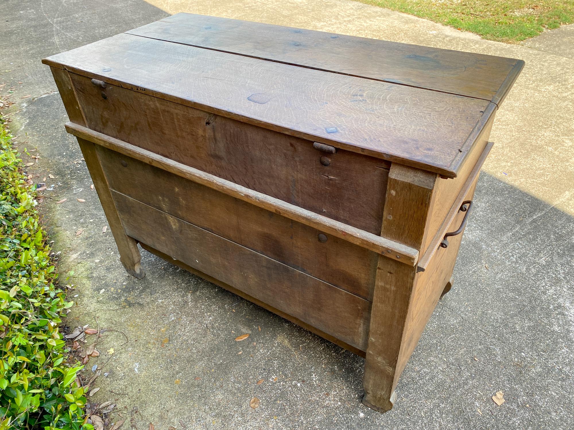 19th Century French Oak Chest with Hinged Top and Lower Drawer with Keys 1