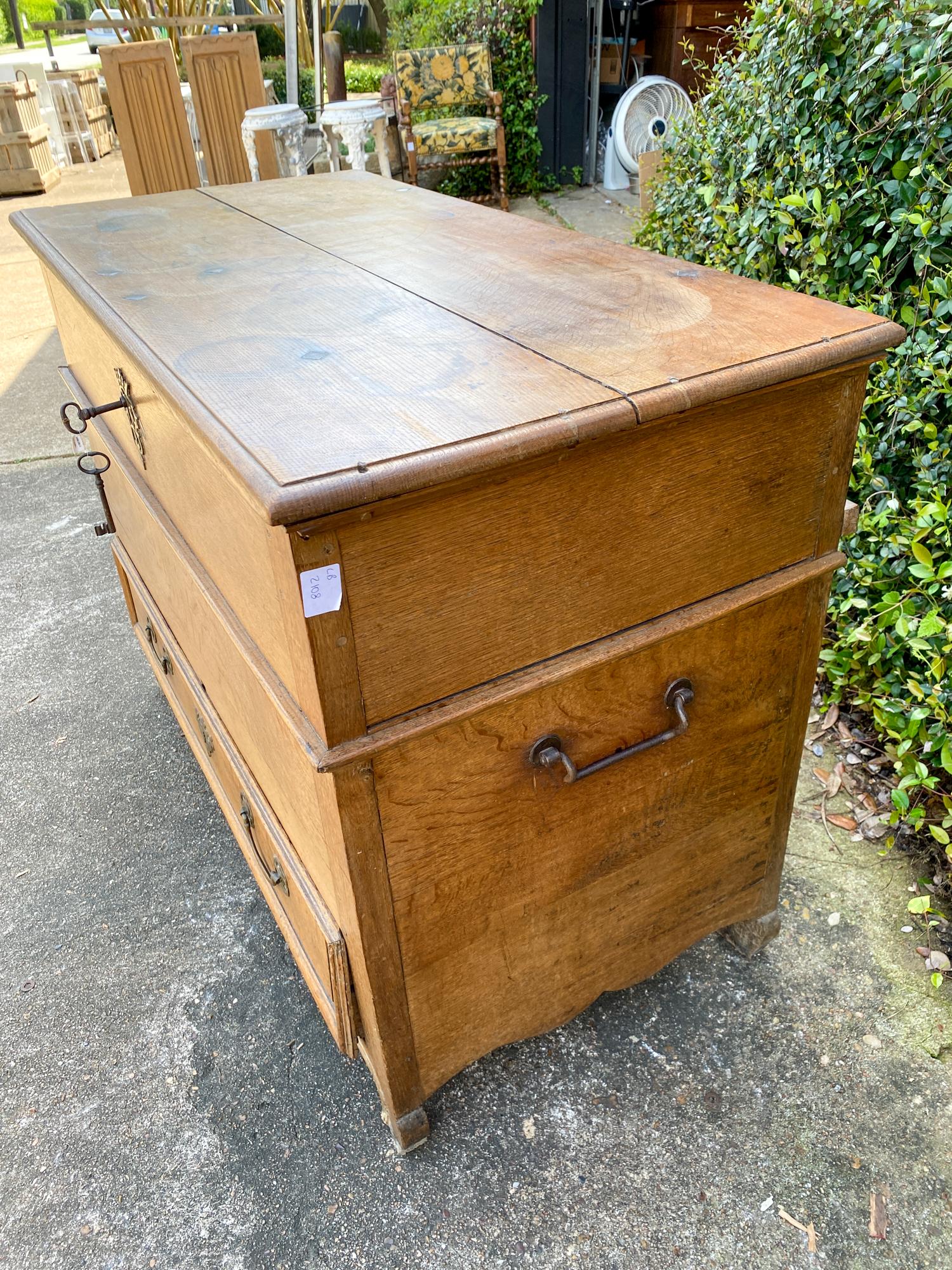 19th Century French Oak Chest with Hinged Top and Lower Drawer with Keys 2