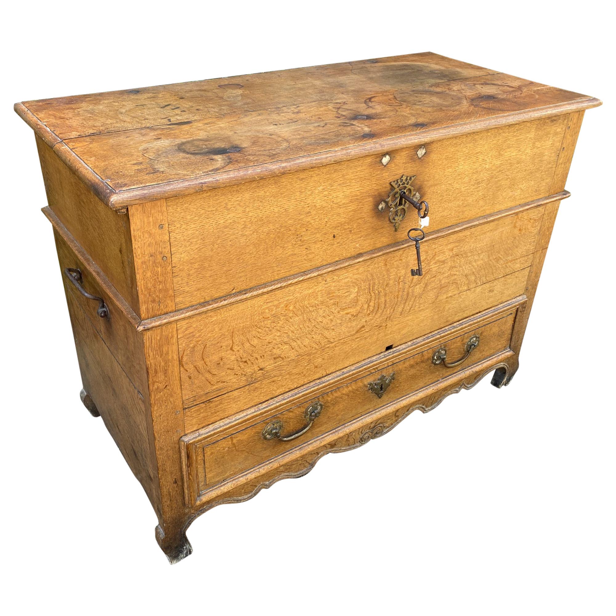 19th Century French Oak Chest with Hinged Top and Lower Drawer with Keys
