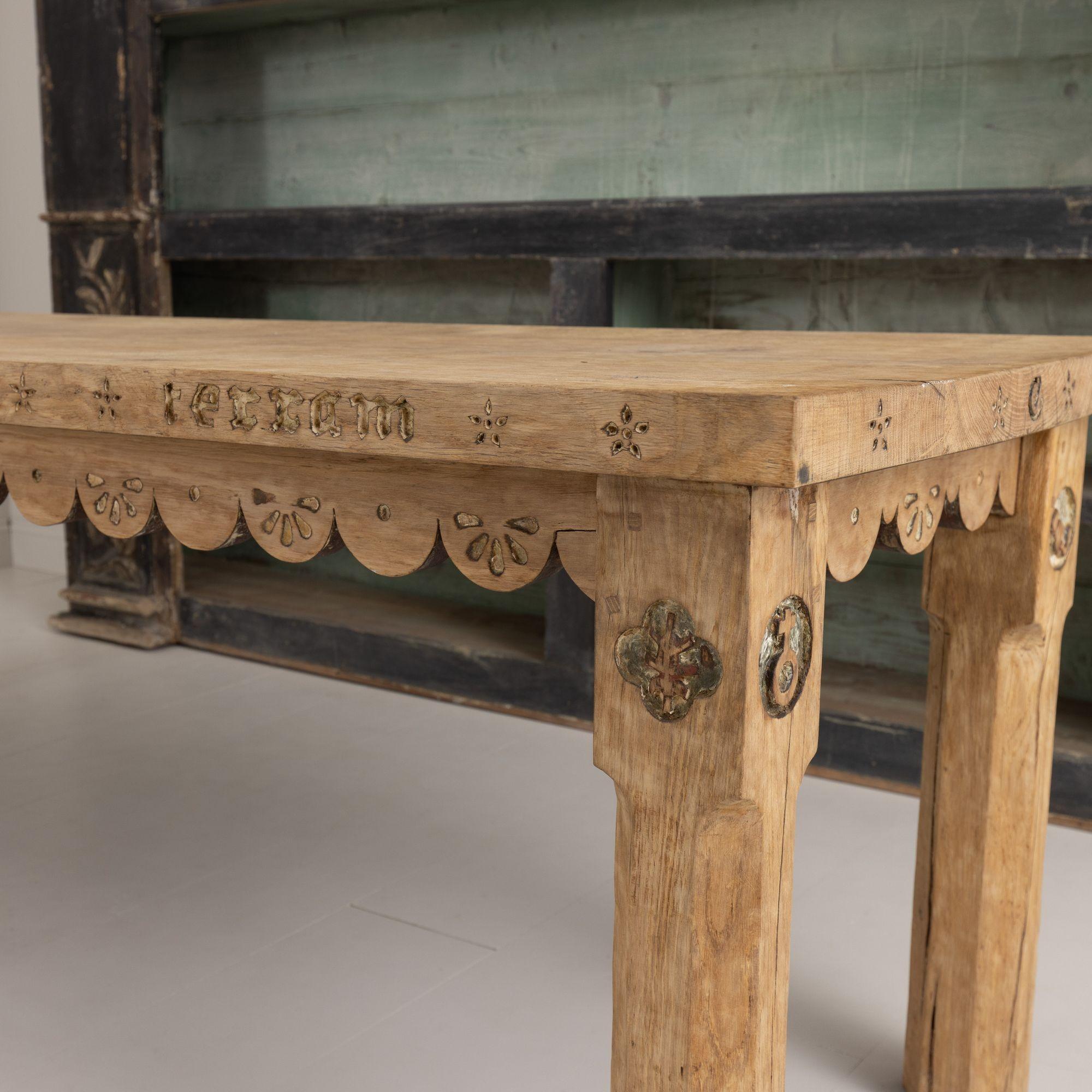 19th c. French Oak Farm Table with Scalloped Apron and Latin Carvings 10