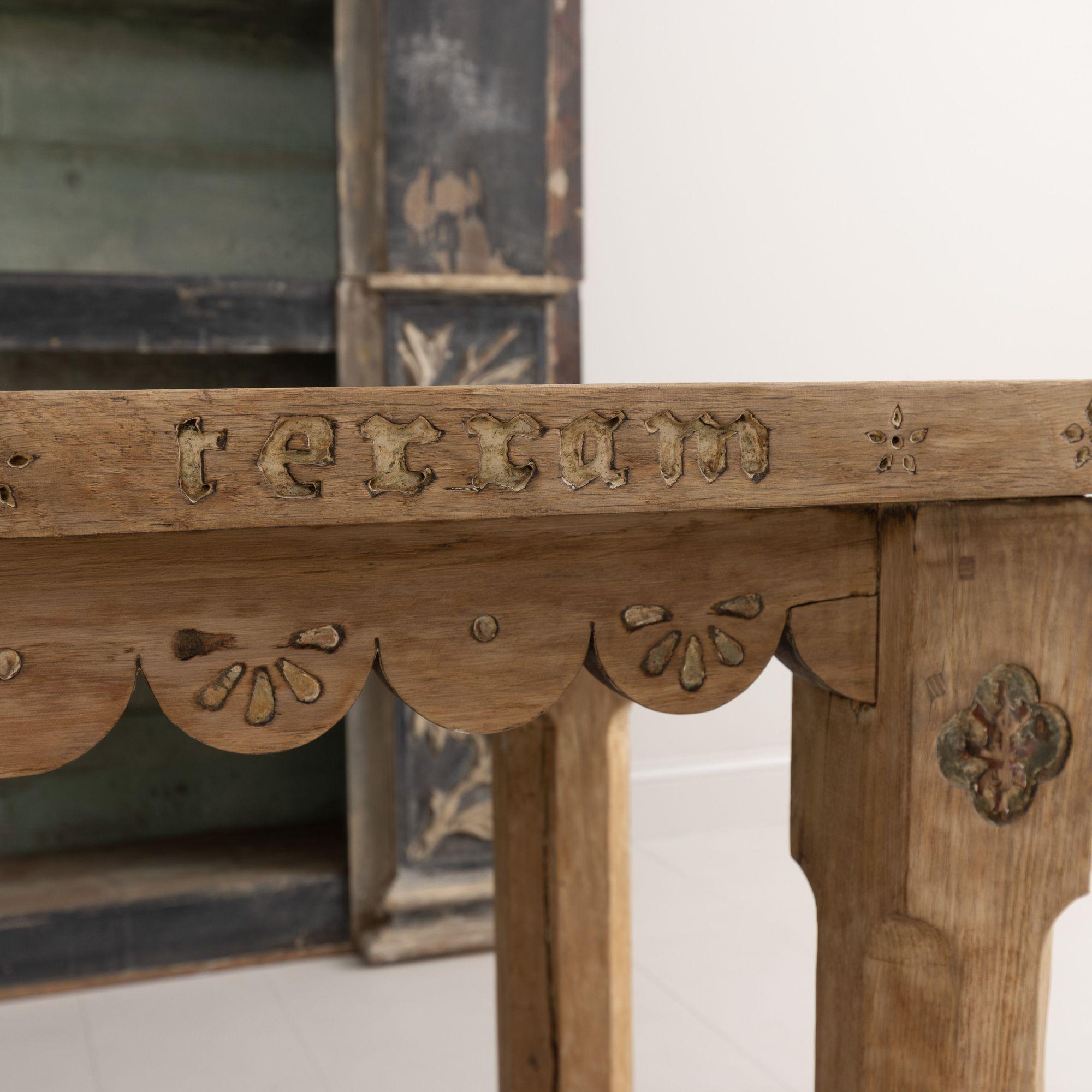 19th c. French Oak Farm Table with Scalloped Apron and Latin Carvings 11