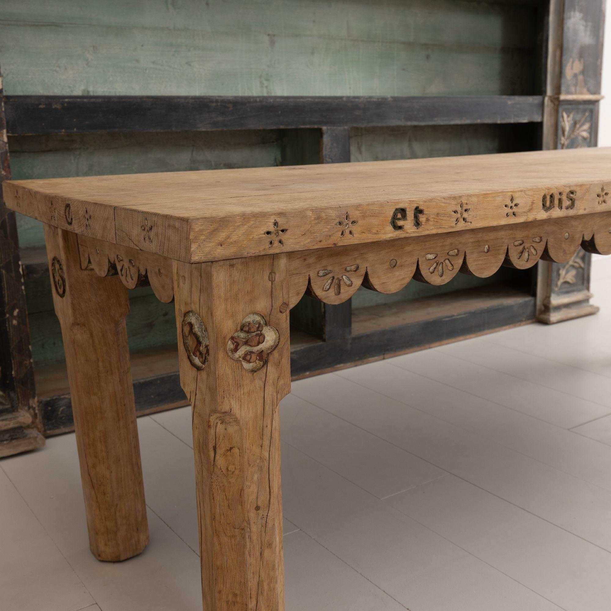19th c. French Oak Farm Table with Scalloped Apron and Latin Carvings 14