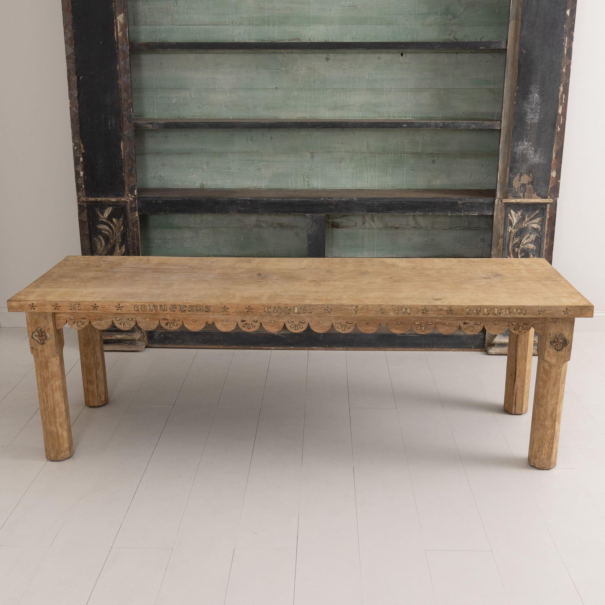 French Provincial 19th c. French Oak Farm Table with Scalloped Apron and Latin Carvings