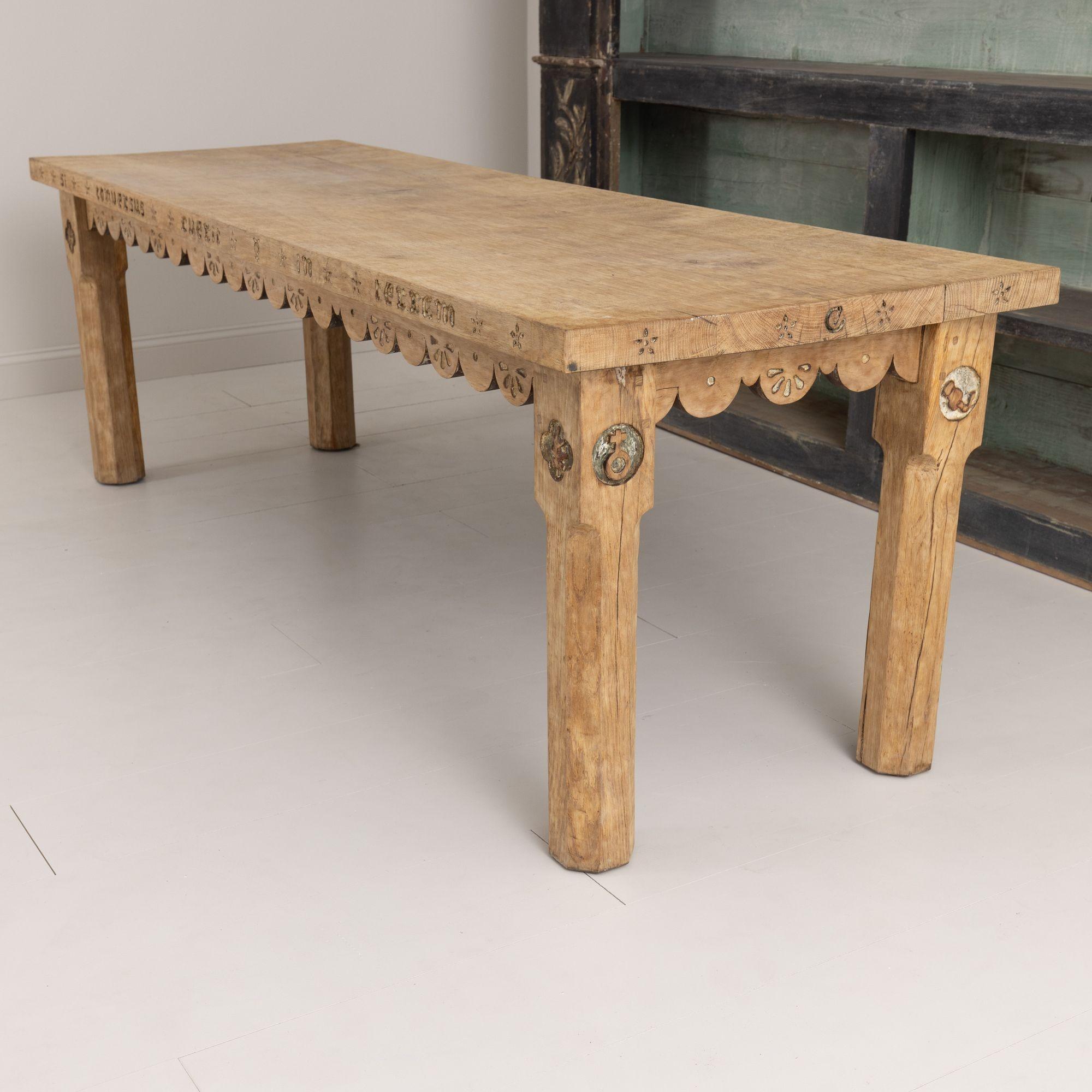 Hand-Carved 19th c. French Oak Farm Table with Scalloped Apron and Latin Carvings