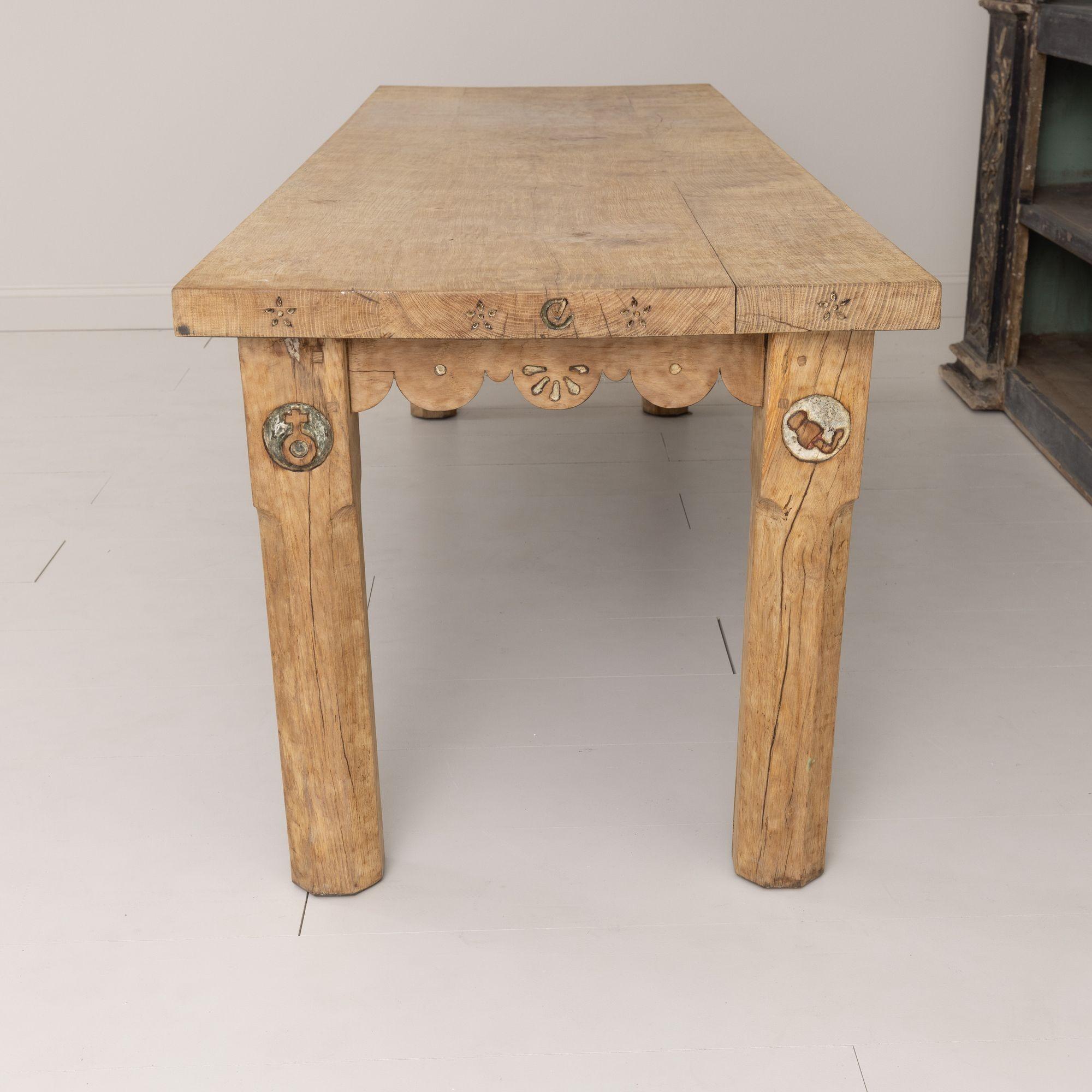 19th Century 19th c. French Oak Farm Table with Scalloped Apron and Latin Carvings