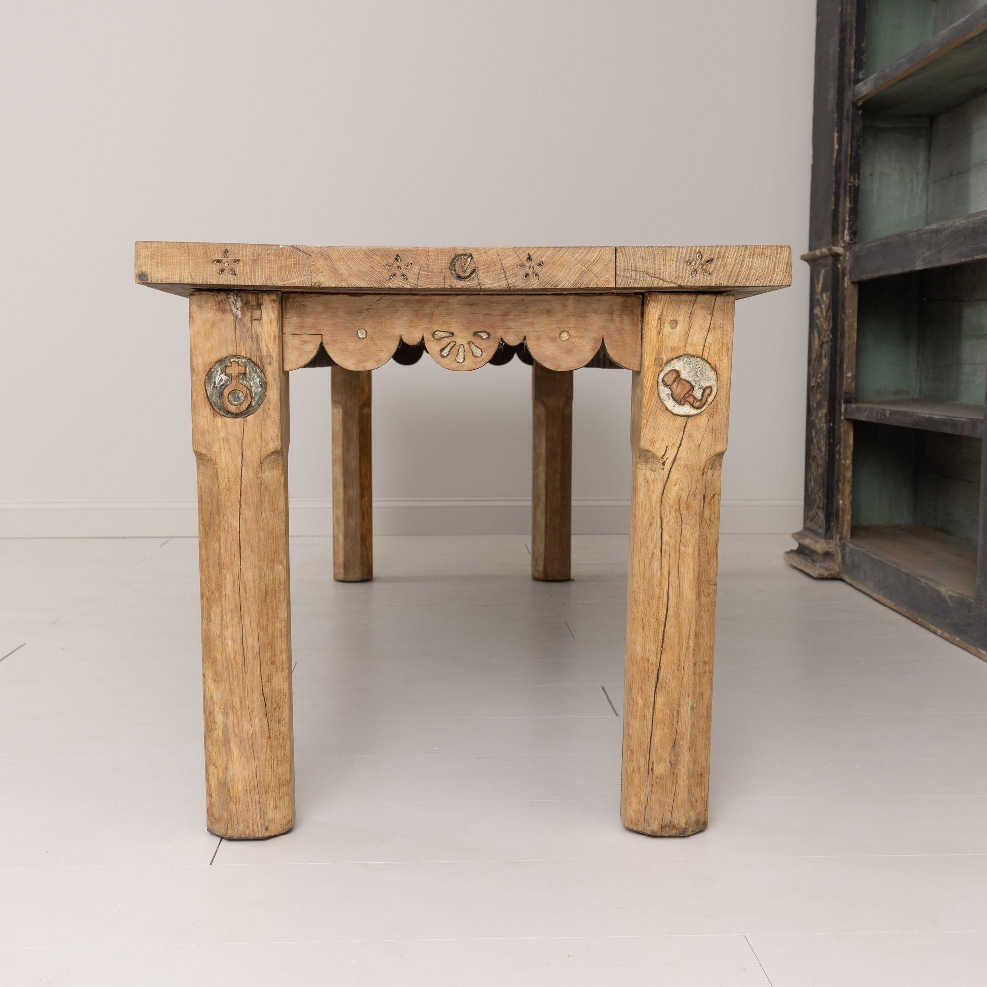 19th c. French Oak Farm Table with Scalloped Apron and Latin Carvings 1