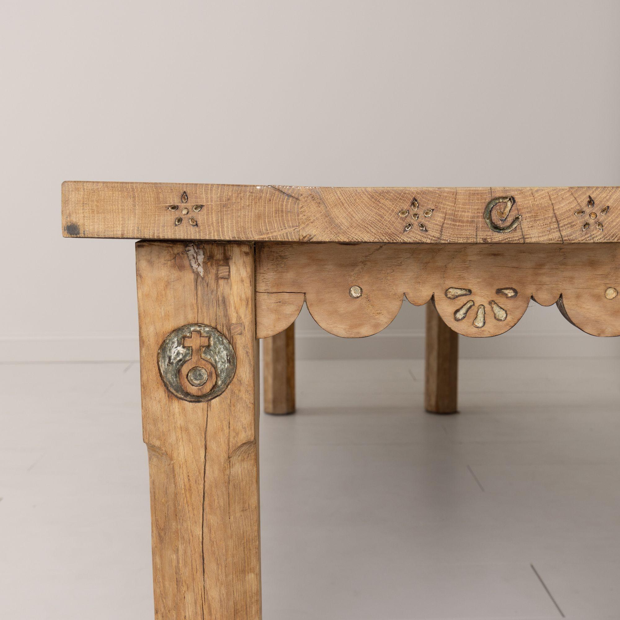 19th c. French Oak Farm Table with Scalloped Apron and Latin Carvings 2