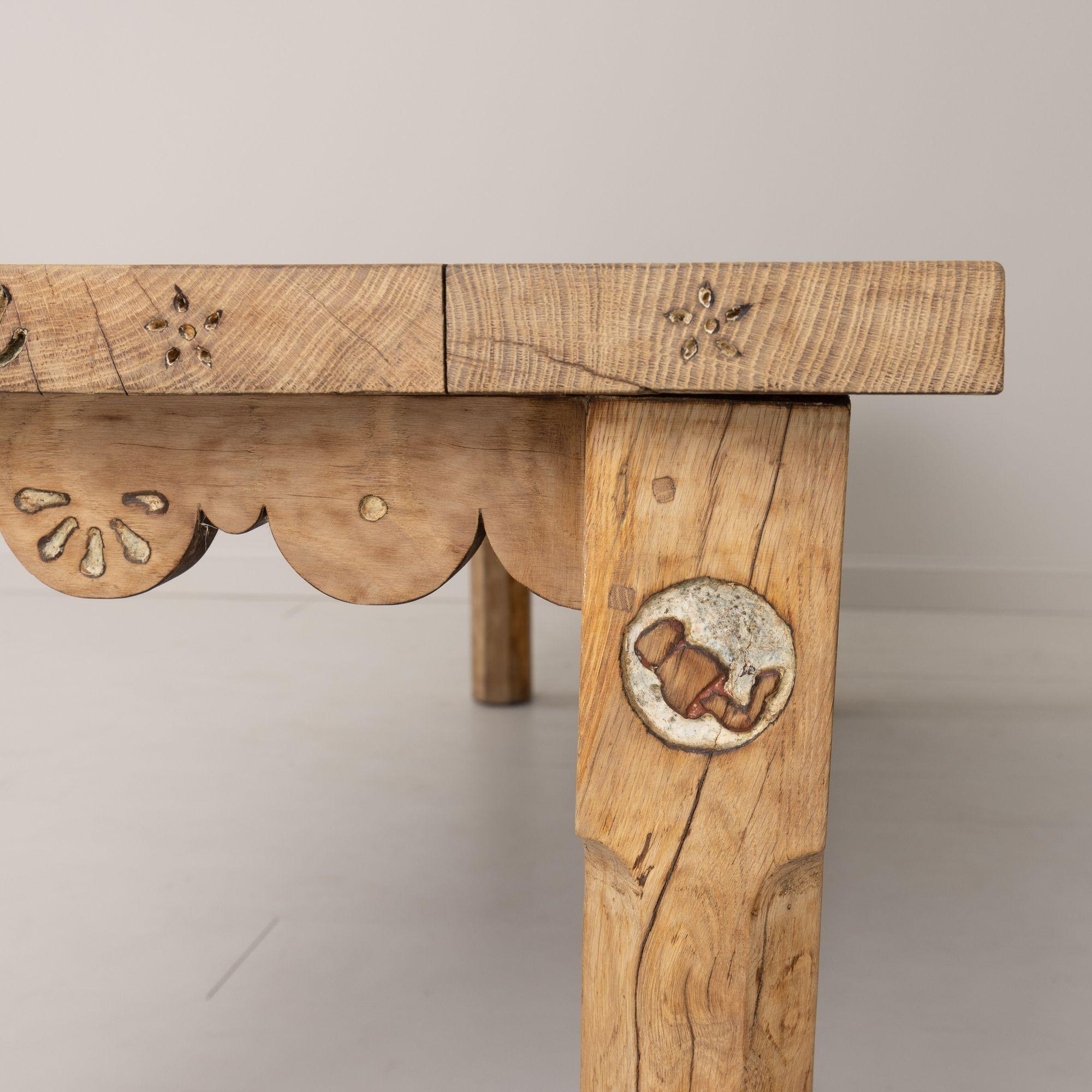 19th c. French Oak Farm Table with Scalloped Apron and Latin Carvings 3