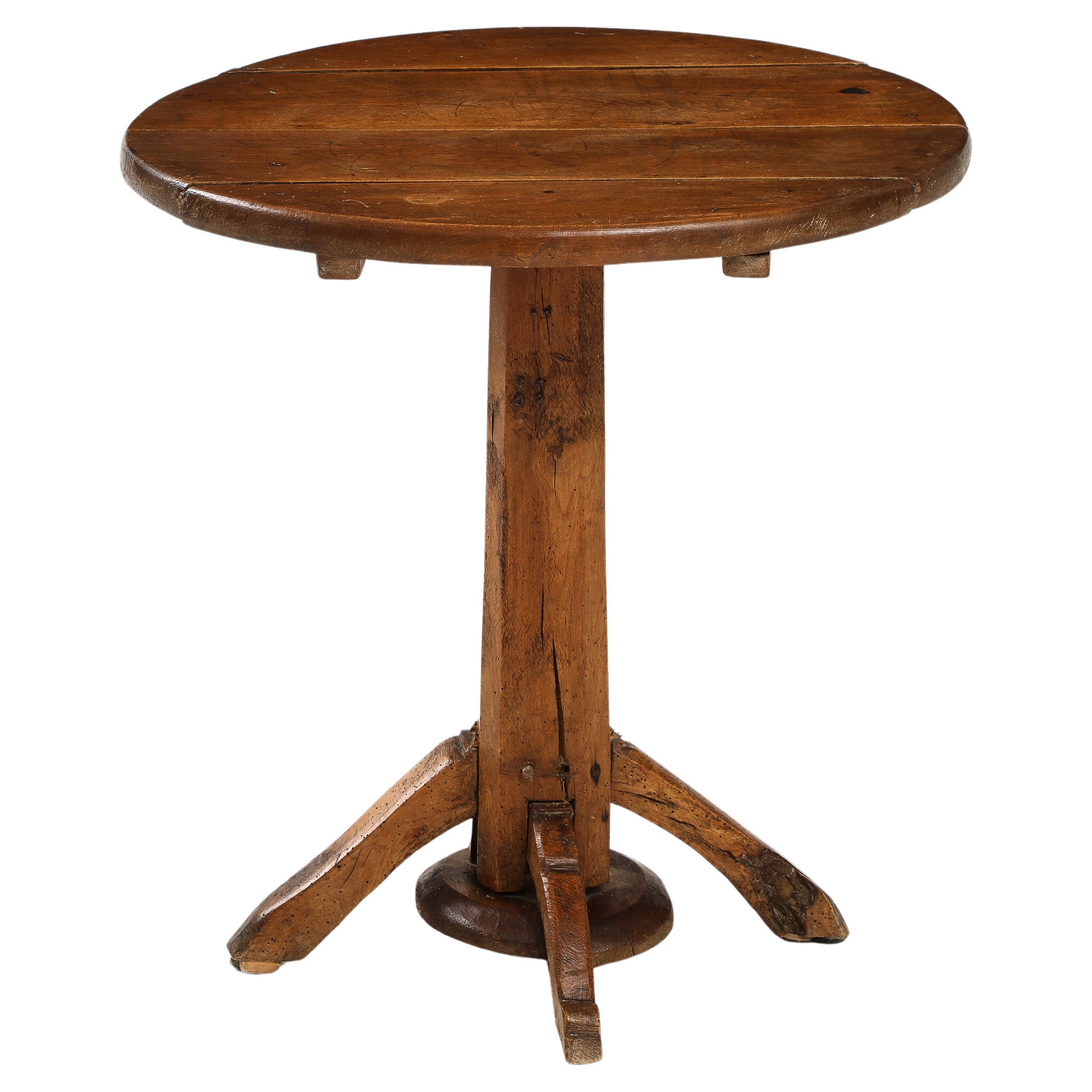 19th C. French Oak Pedestal Tilt-Top Wine Table Side Table