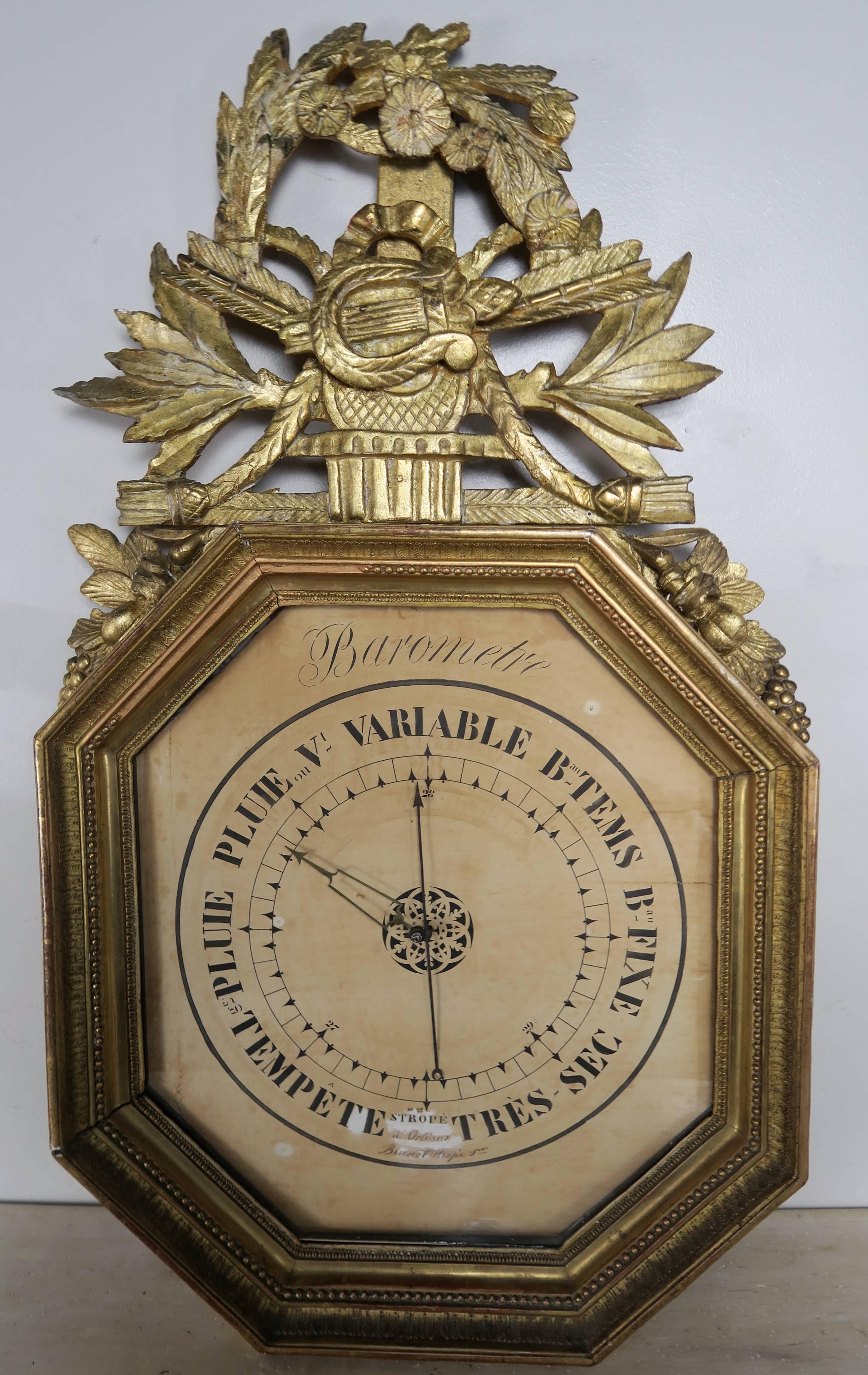 19th Century French Octagonal Louis XVI Style Gilt Wood Barometer 6