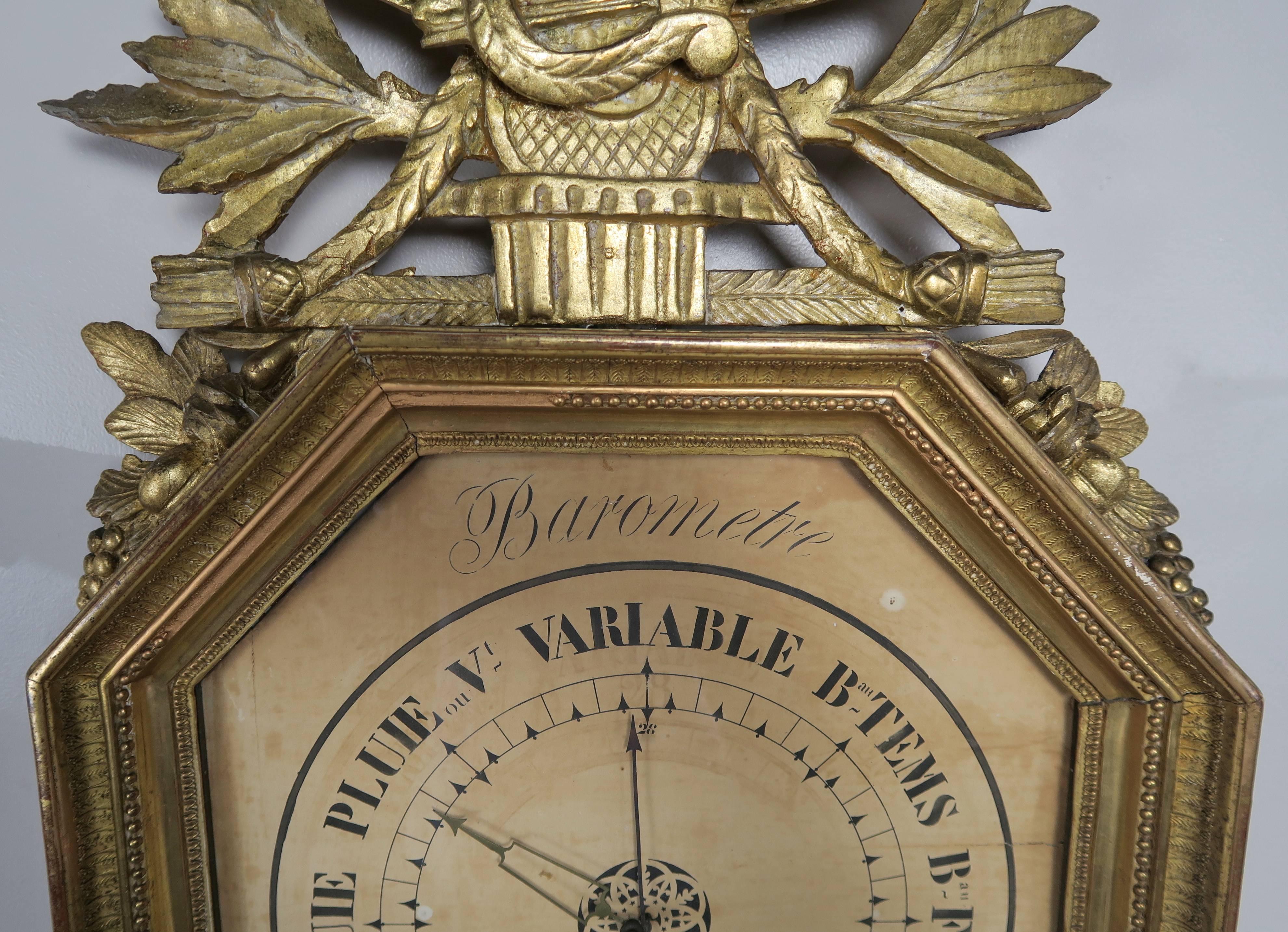 19th Century French Octagonal Louis XVI Style Gilt Wood Barometer In Distressed Condition In Los Angeles, CA