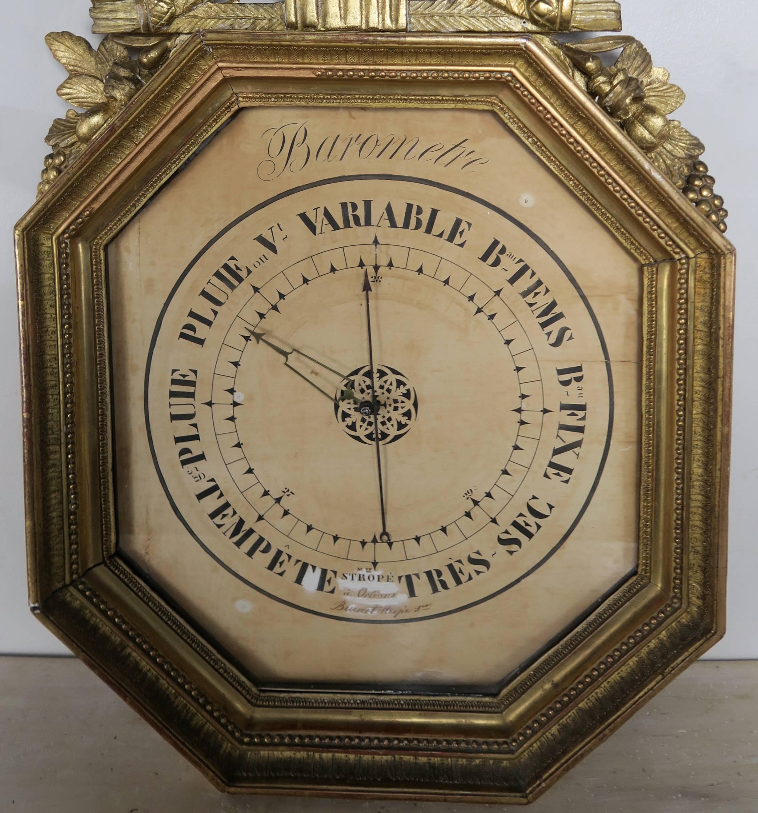 Glass 19th Century French Octagonal Louis XVI Style Gilt Wood Barometer