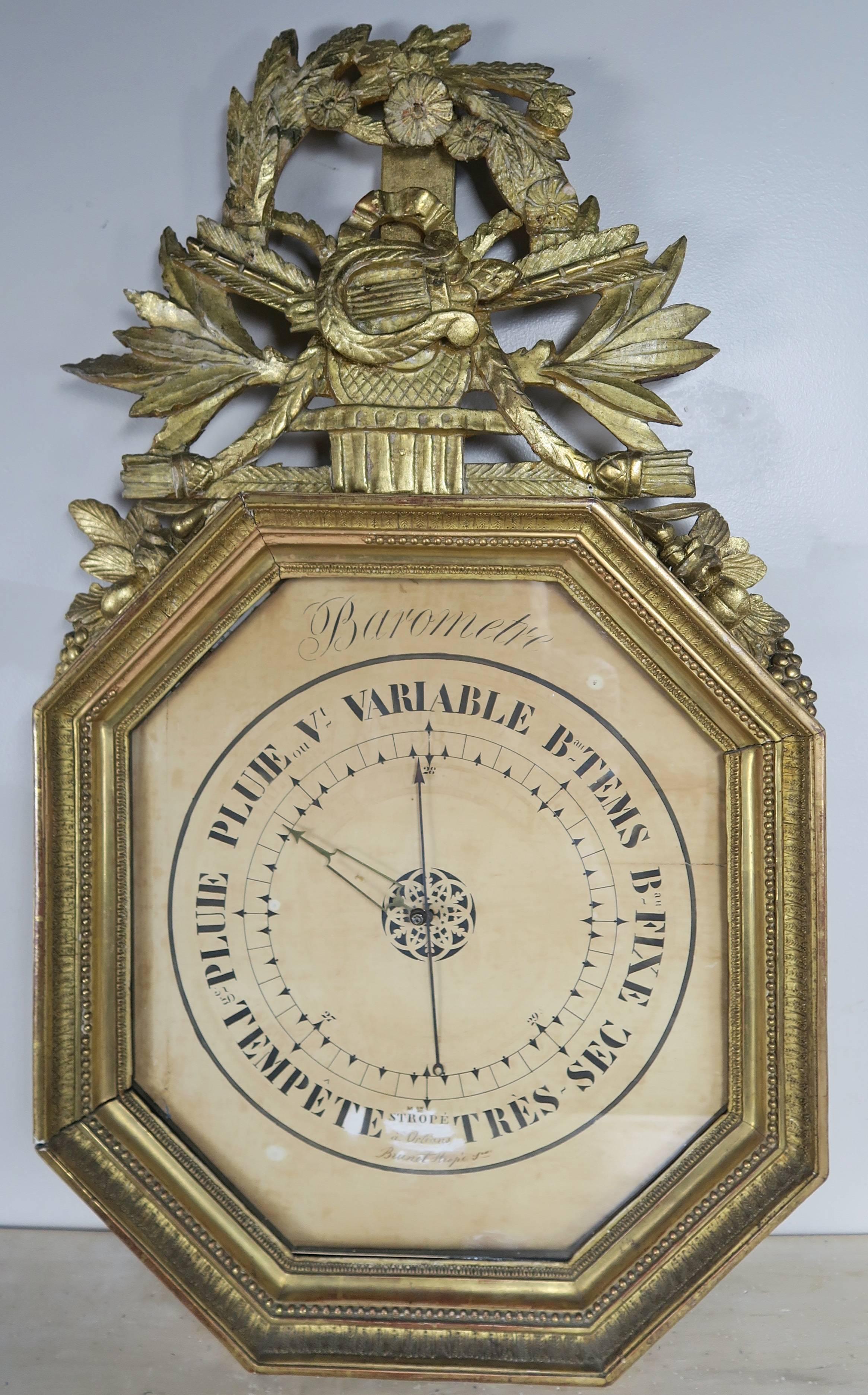 19th Century French Octagonal Louis XVI Style Gilt Wood Barometer 2