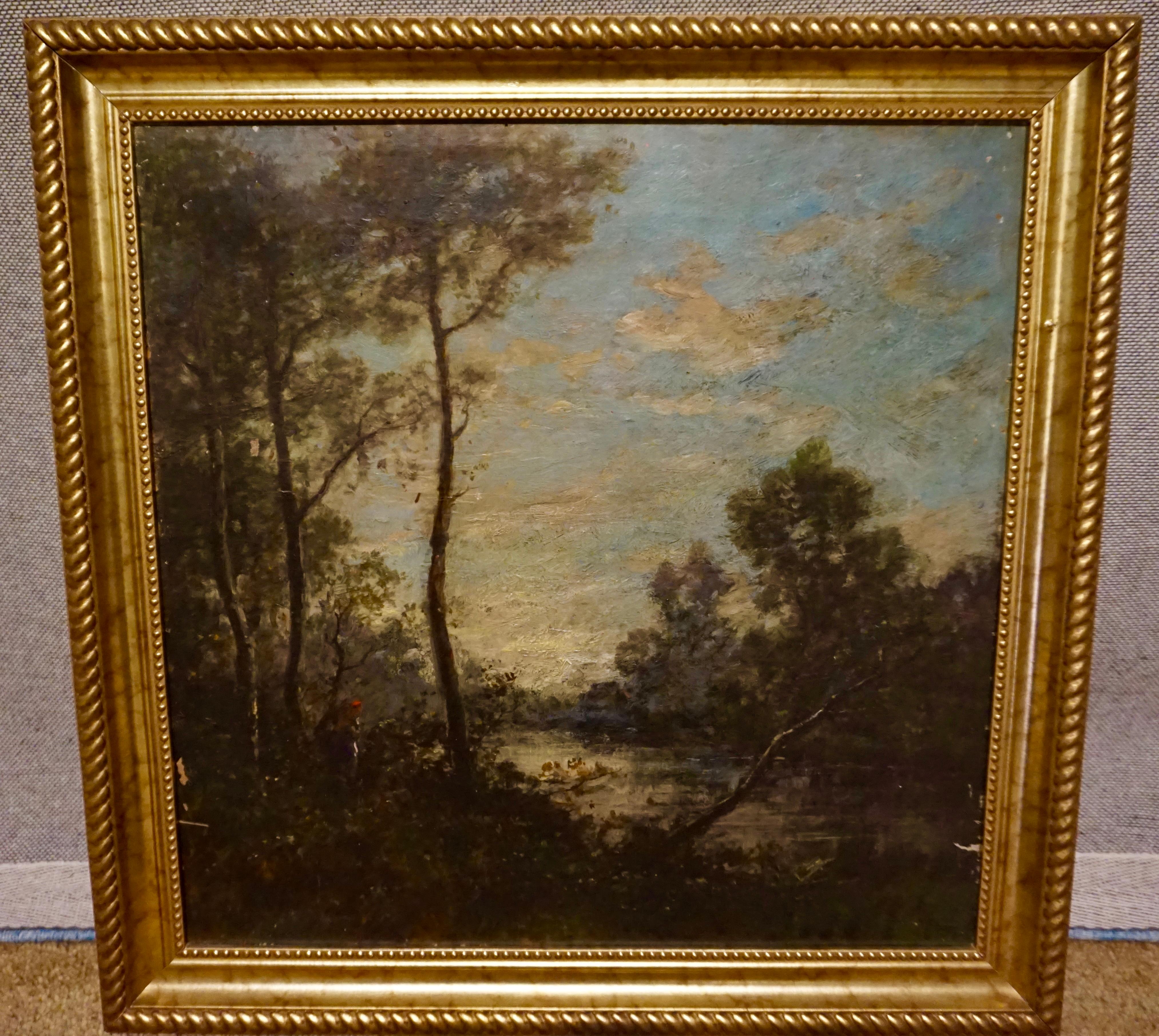 Oil on canvas painting attributed to the school of esteemed French painter Jean-Baptiste-Camille-Corot. Likely painted in his style by a student and signed by him. Signature present. Lovely old patina. Some scratches on canvas as photographed.