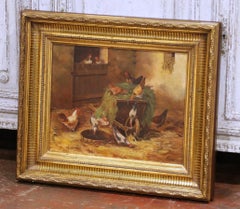 19th C. French Oil on Canvas Chicken Painting in Gilt Frame Signed H. Forestier