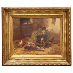 19th C. French Oil on Canvas Chicken Painting in Gilt Frame Signed H. Forestier