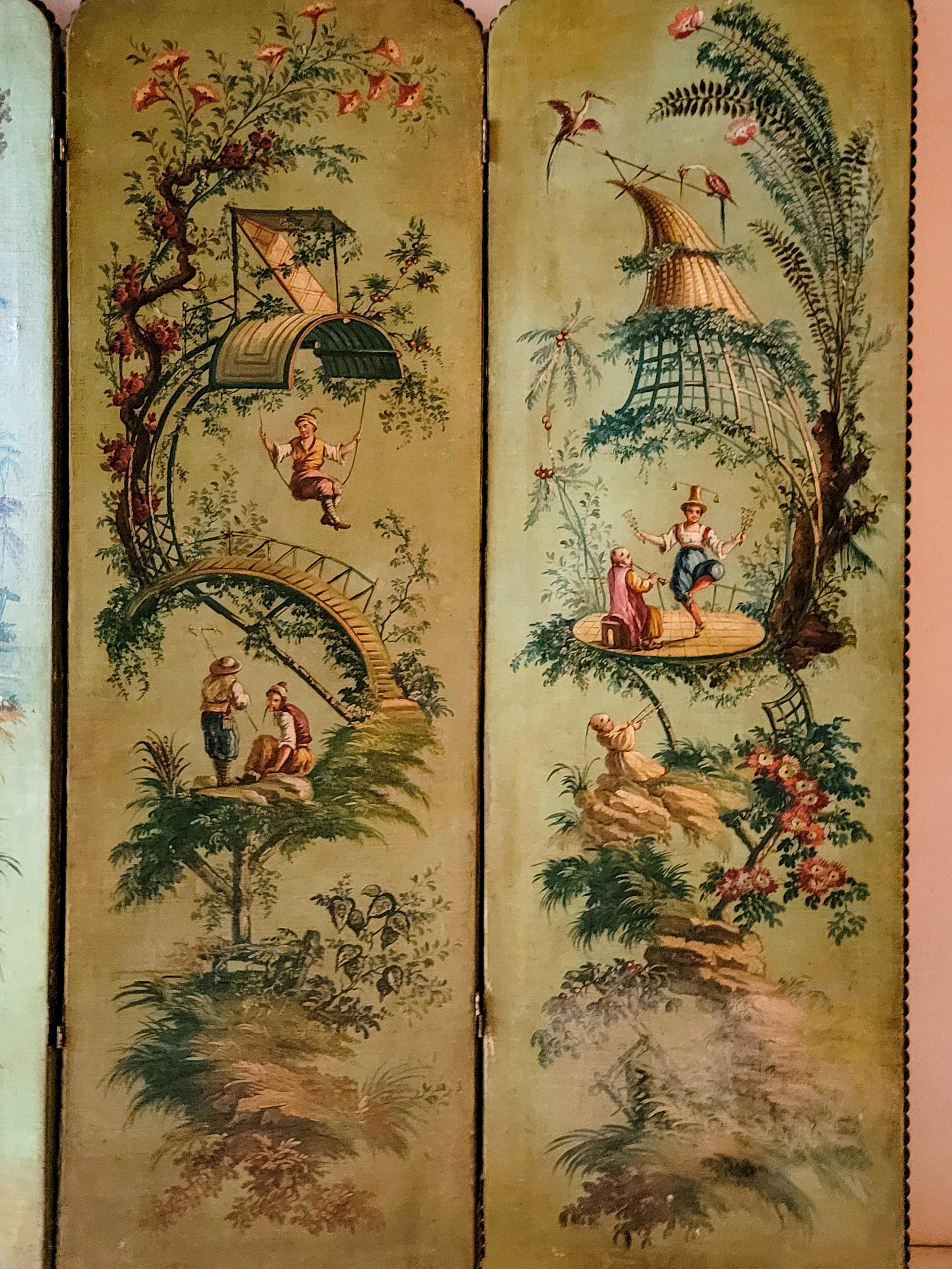 19th-C. French Oil on Canvas Chinoiserie Folding Screen In Good Condition In Kennesaw, GA