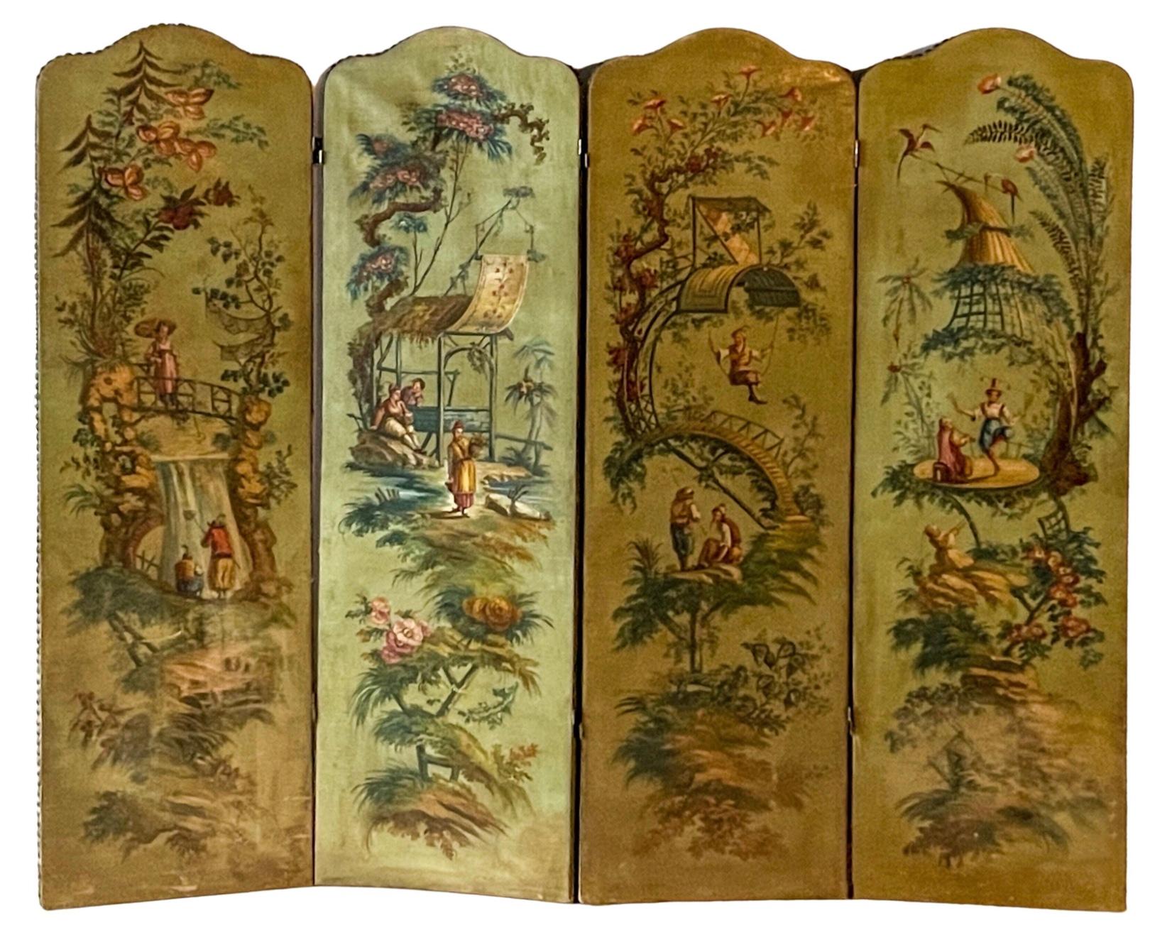 19th-C. French Oil on Canvas Chinoiserie Folding Screen 1